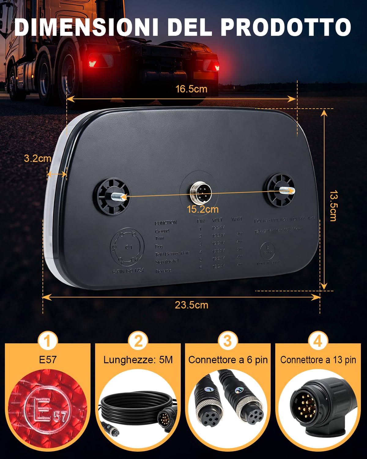 Dinfu Set di fanali posteriori a LED per rimorchio, spina a 13 pin, illuminazione per rimorchio, omologazione E, con cavo da 5 m, per rimorchi, camper, furgoni, auto, camion, roulotte
