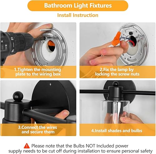 Miniatura 6 de Lámpara de tocador de baño de 3 luces, acabado negro mate con pantallas de vidrio templado, iluminación moderna sobre espejo para bañotocador,