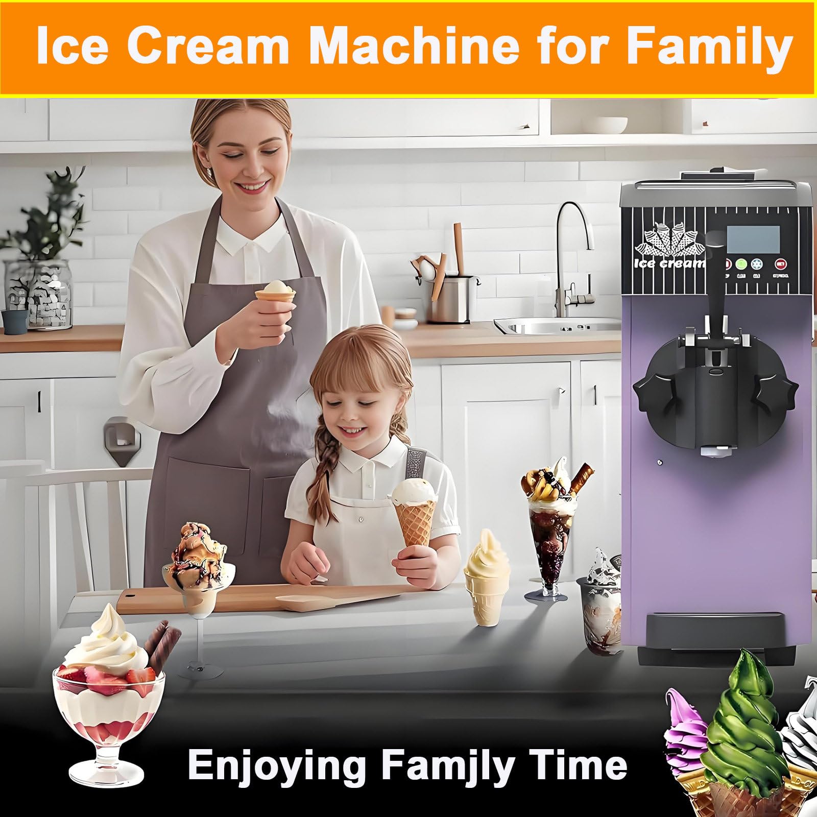 Machine à Glace à l'italienne, avec Panneau de Commande LCD, Haut rendement (4-5 kg/h), 450 W, adaptée à Un Usage Domestique et Commercial. Orange