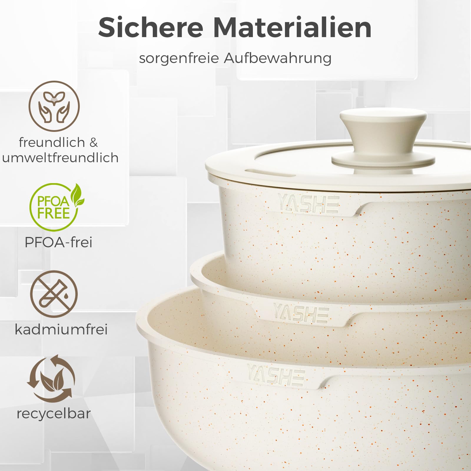 YASHE 15-teiliges Kochgeschirr-Set, Töpfe und Pfannen mit Granit-Antihaftbeschichtung, abnehmbare Griffe, stapelbar, leicht zu reinigen, kompatibel mit Induktion, Gas und Glaskeramik