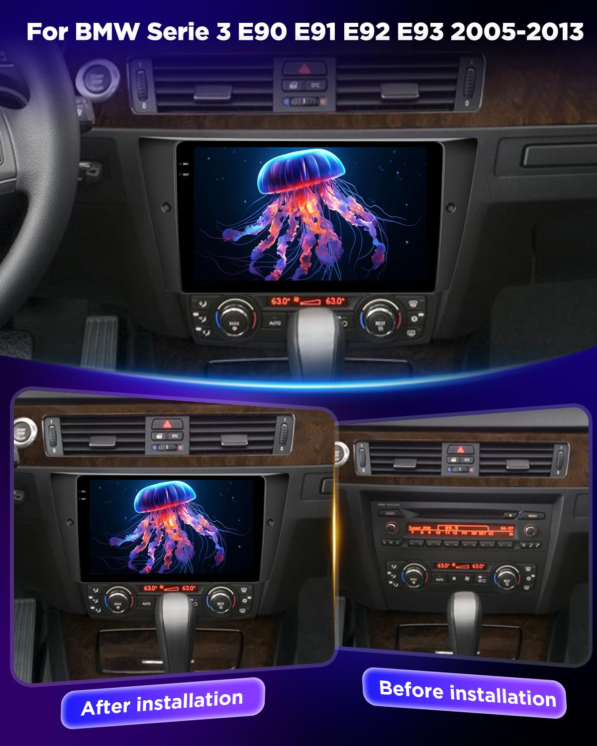 NHOPEEW 4+64G Autoradio per BMW Serie 3 E90 E91 E92 E93 2005-2013 con Wireless Carplay e Android Auto - Schermo incell da 9 pollici Supporto WiFi GPS Comandi al volante + Telecamera di retromarcia