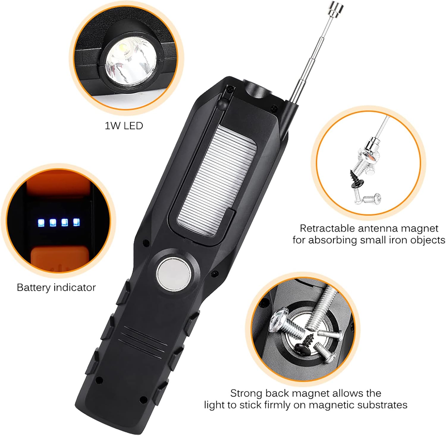 COB LED Magnetic Work Light, Portable LED Work Flashlight USB Rechargeable Inspection Light with 90° Rotate 4 Lighting Modes and Magnetic Base for Garage Workshop Car Truck Repairing (Orange)
