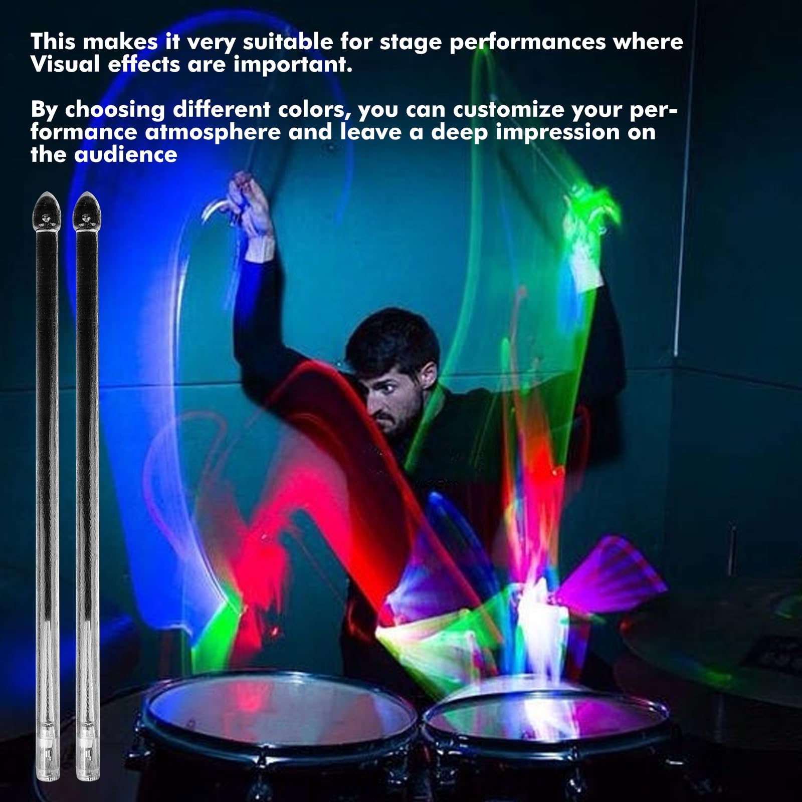 Bacchette per Batteria Ricaricabili a LED, 15 Colori Bacchette per Batteria Illuminate, Bacchette Luminose da 5 A, Bacchette Illuminate, per Percussioni e Strumenti Musicali (1 Paio)