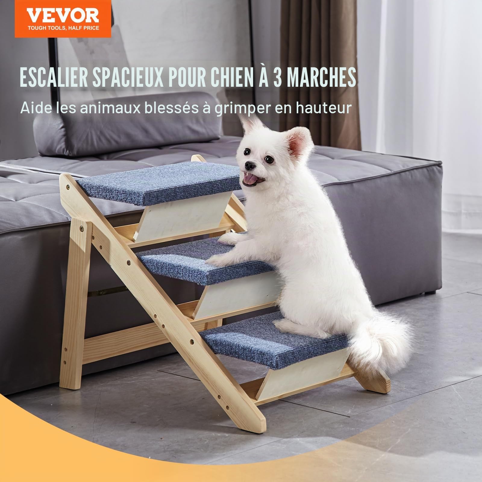 VEVOR Escalier en Bois pour Animaux de Compagnie, 3 marches, Rampe escalier Convertible 2 en 1 pour Chiens de Petites et Grandes Races, capacité Charge 68 kg, pour accès aux Lits, canapés, véhicules