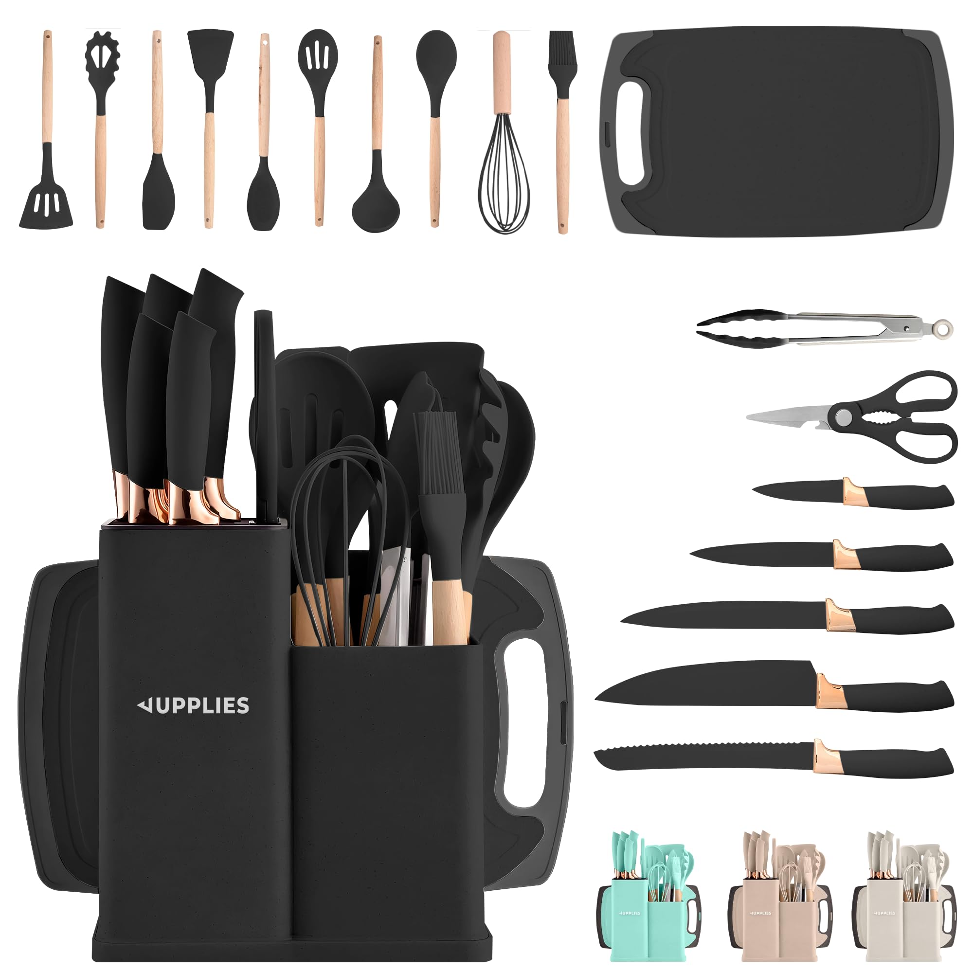 JUPPLIES Juego de Utensilios de Cocina de Silicona 19 Piezas con Cuchillos, Tijeras y Tabla de Cortar – Set Antiadherente Resistente al Calor – Apto para Todas Las Ollas y Sartenes - Beige — view 11