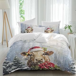 Christmas Comforter Set Queen Size, Winter Cow Christmas Hat Oil Painting Soft Bedding Set for Man Woman, 4 Pieces Duvet Cover Set with Fitted Sheet, 2 Pillowcases
