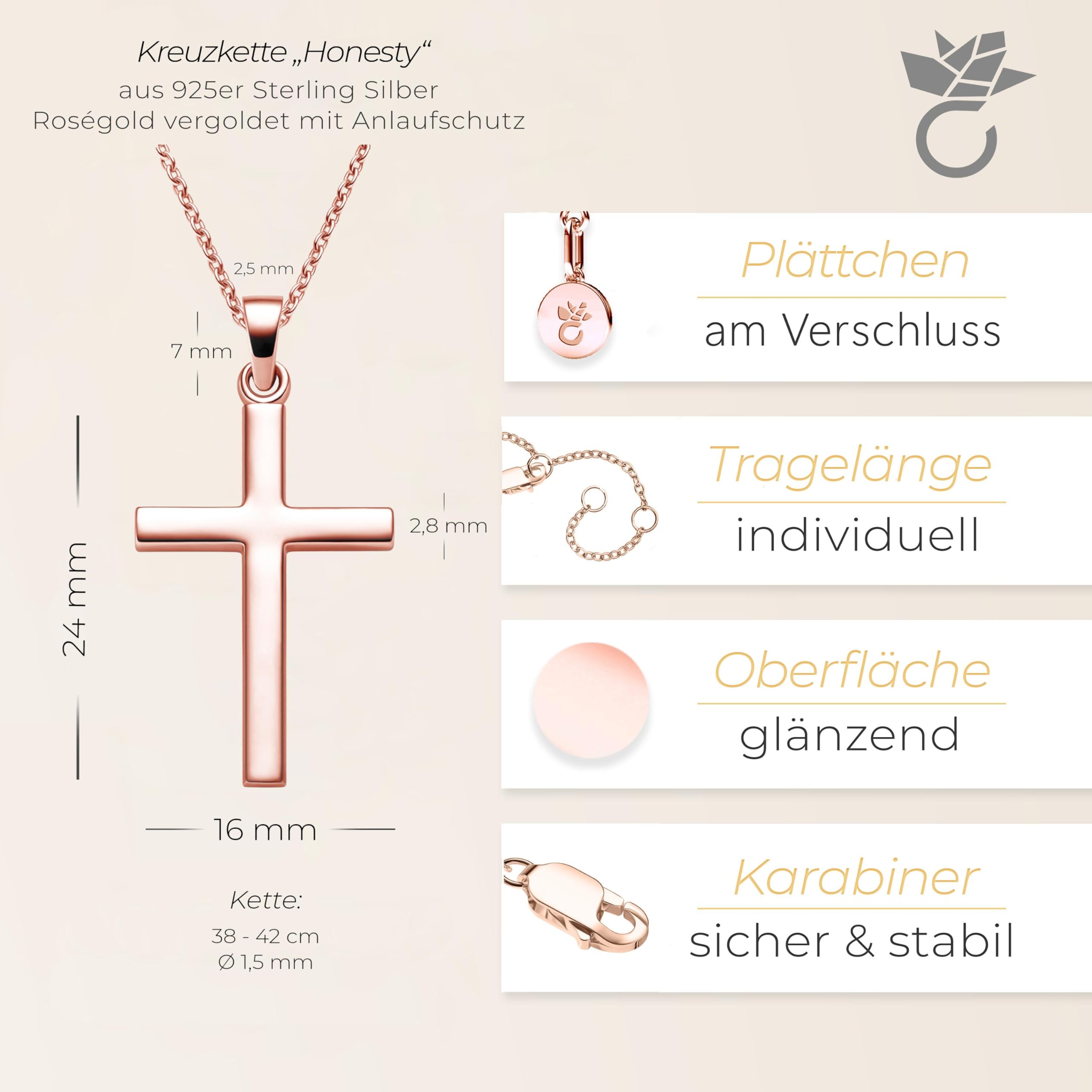 Łańcuszek z krzyżykiem z różowego złota (srebro wysokiej próby 925) + luksusowe etui + złoty wisiorek prawdziwe srebro łańcuszek krzyżyk różowe złoto bez kamienia, zawieszka w kształcie krzyża na komunię bierzmowanie łańcuszek na chrzest FF526 VGRS