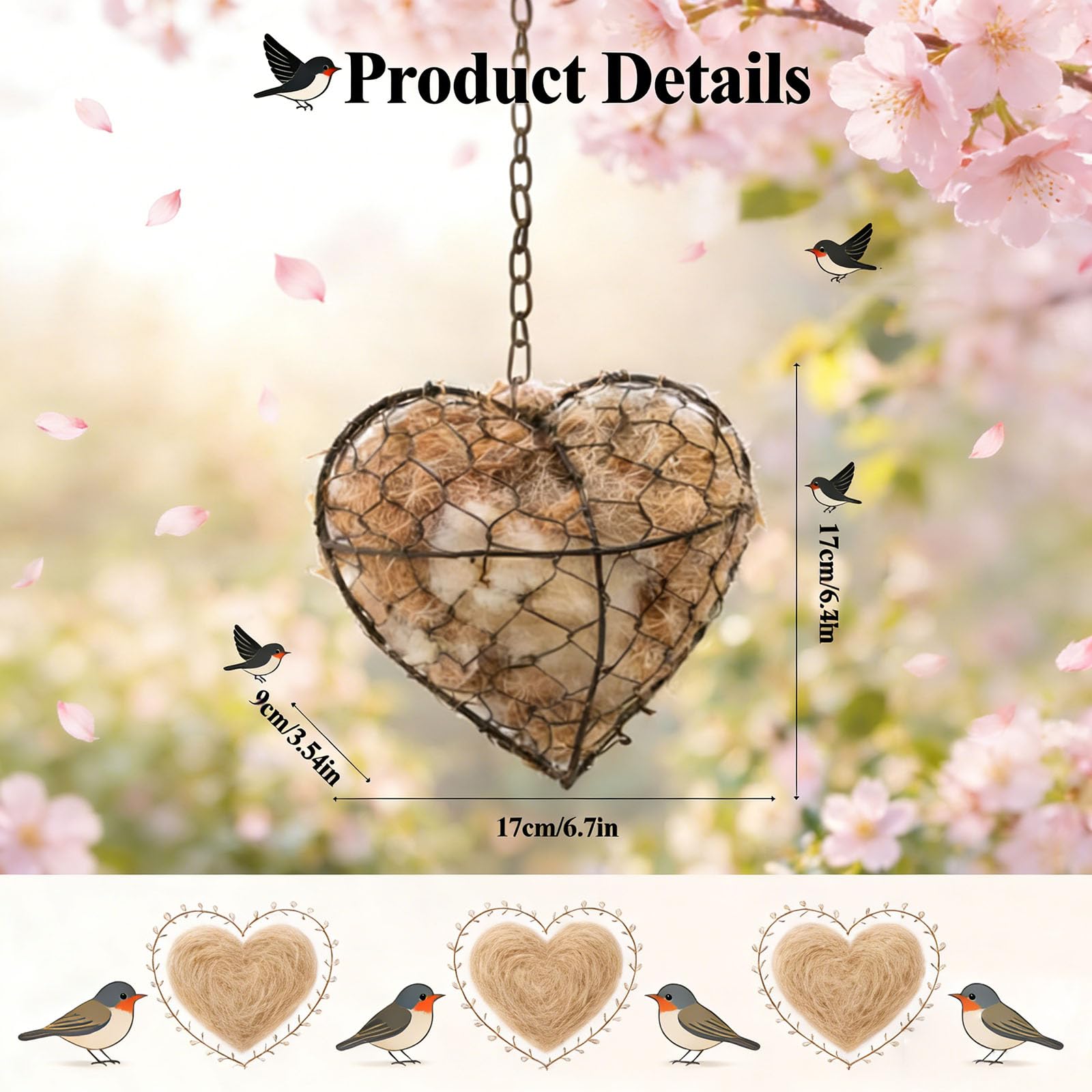 Nidificazione per uccelli in fibra fatta a mano, a forma di cuore, in materiale per nidi di uccelli, per esterni, design con case di nidificazione, colibrì, amanti del giardino, cortile (3 pezzi)
