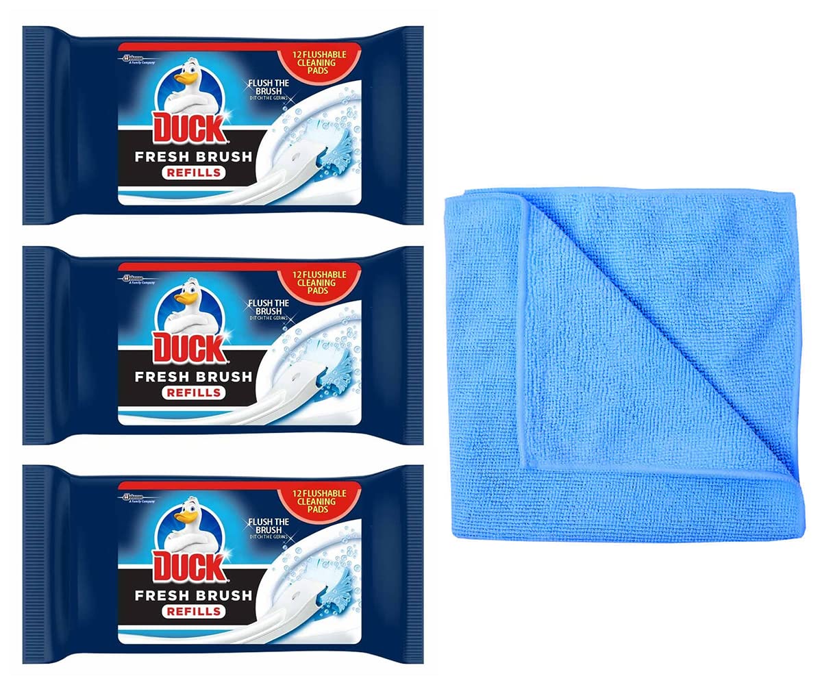 3X Duck Fresh Brush Refills (3 Packs, 36 Flushable Cleaning Pads)-Biodegradable- Duck Toilet Bowl Cleaner- with Microfibre Cleaning Cloth