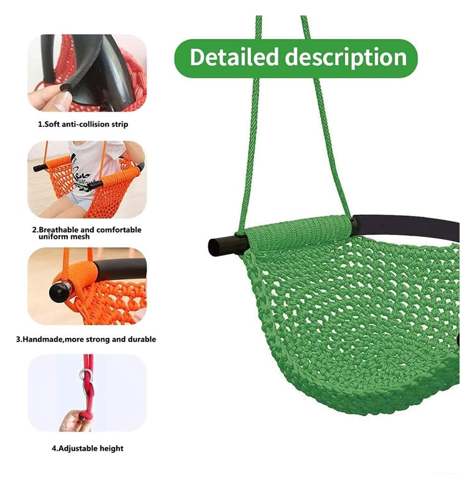 Swing Seat For Kids,Little Swing Set,Hand-Knitting Toddler Swing With Adjustable Ropes - Image 4