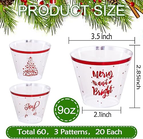 Miniatura 2 de I00000 60 vasos de plástico rojo de Navidad, vasos de vino desechables de 9 onzas con borde rojo, vasos de cóctel transparentes para fiestas