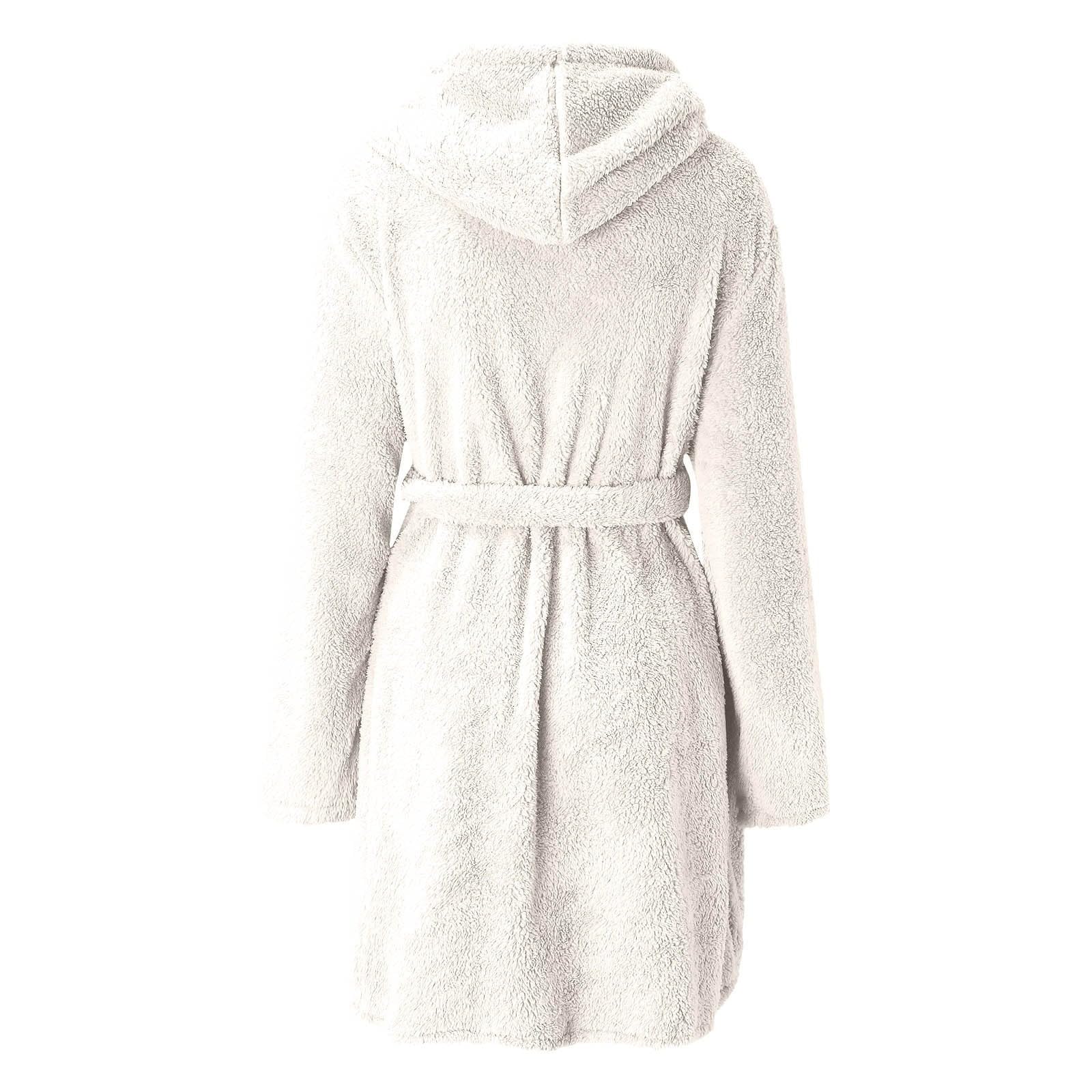 Albornoz de Ducha Blanco Liso con Capucha para Mujer - Bata Suave y Esponjosa con Cintura - Ropa de Dormir y para Estar En Casa Cálida y Cómoda para El Invierno