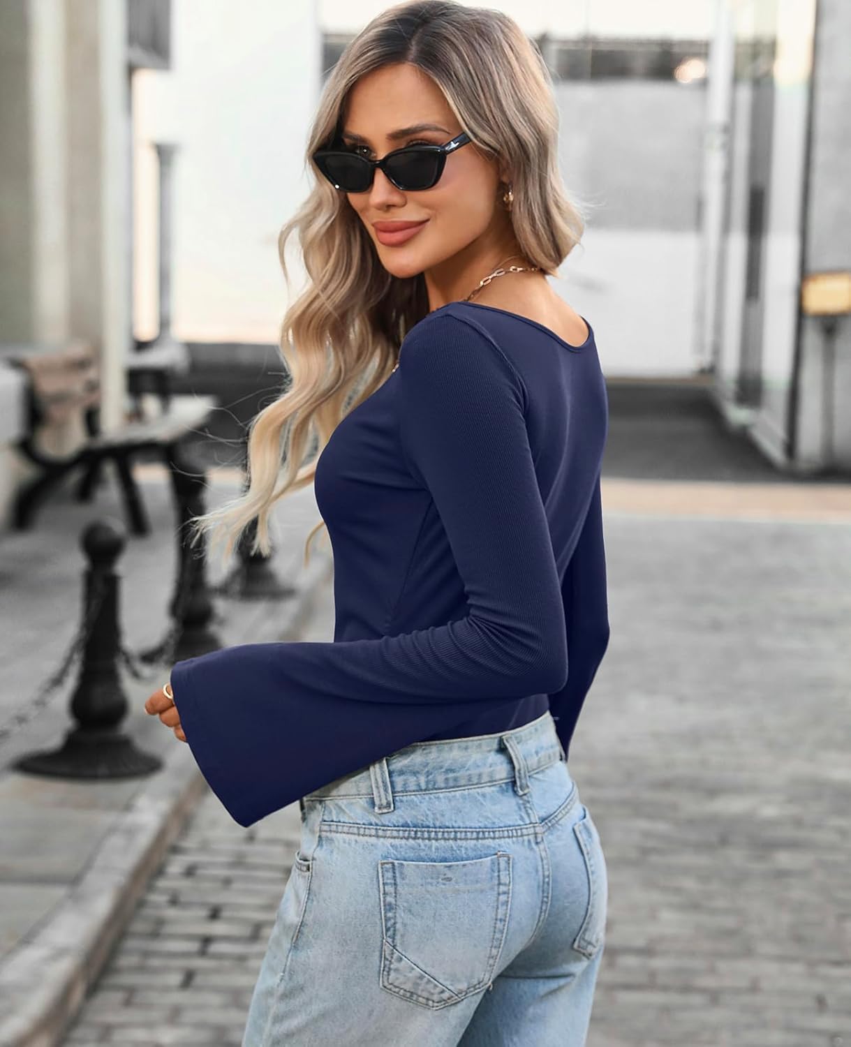 TITOMD Women's Bell Long Sleeve Shirts 2026 Spring Boat Neck Crop Going Out Trendy Tops Ribbed Ruched Y2K Clothes - Image 4