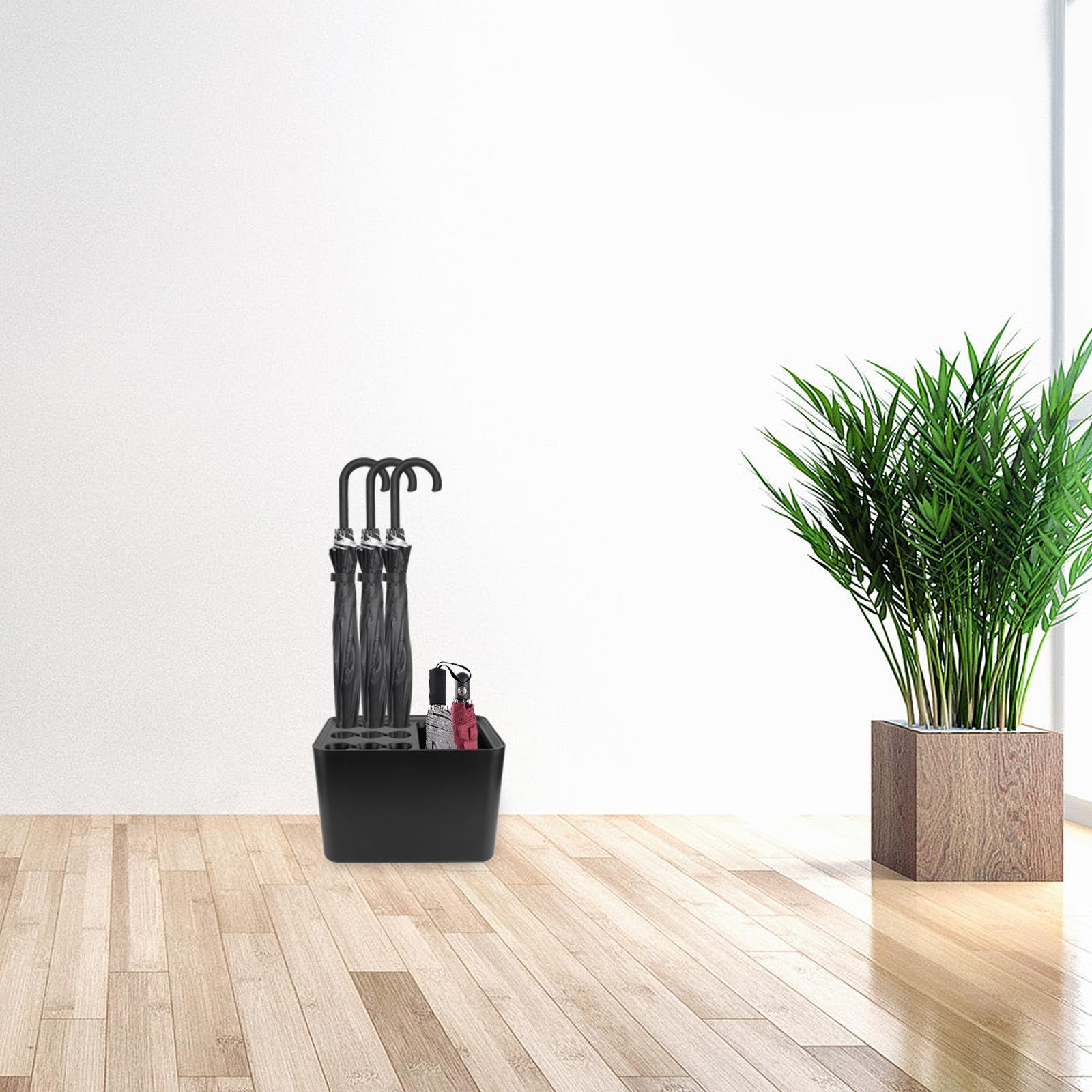 TEHAUX Portaombrelli da Esterno Design Nordico in Ps Nero Installazione a Parete e Vassoio Raccogli Acqua per Ingresso e Retro Porta, Supporto Creativo per Ombrelli