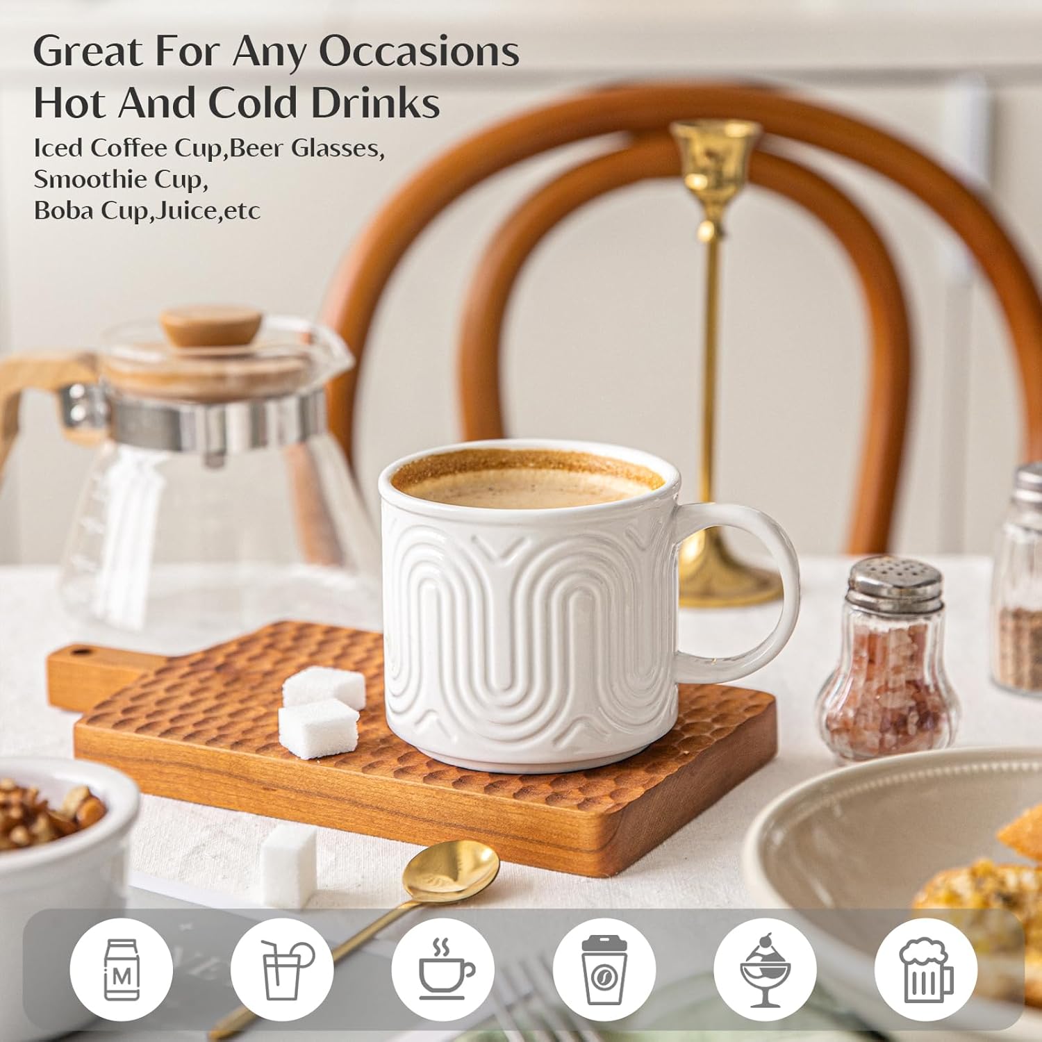 INSETLAN 12oz White Ceramic Coffee Mugs Set of 4 – Vintage Arch Stoneware Coffee Cups for Coffee, Latte, Cappuccino, Cocoa, Hot Tea & More – Dishwasher & Microwave Safe