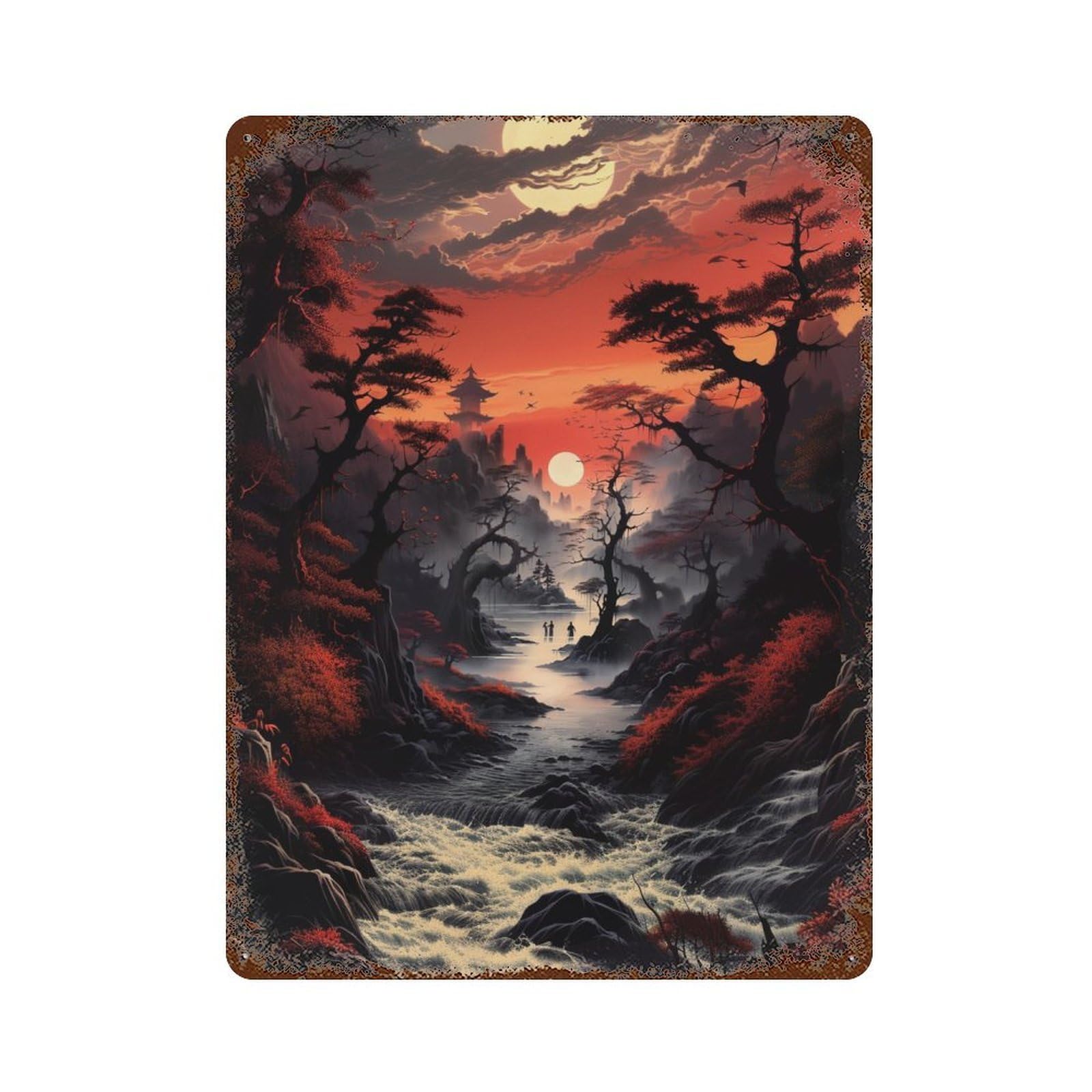 Garage Style Enchanted Sunset Forest Retro Metal Sign 15.7"x11.8", Classic Wall Plaque for Bar And Workshop