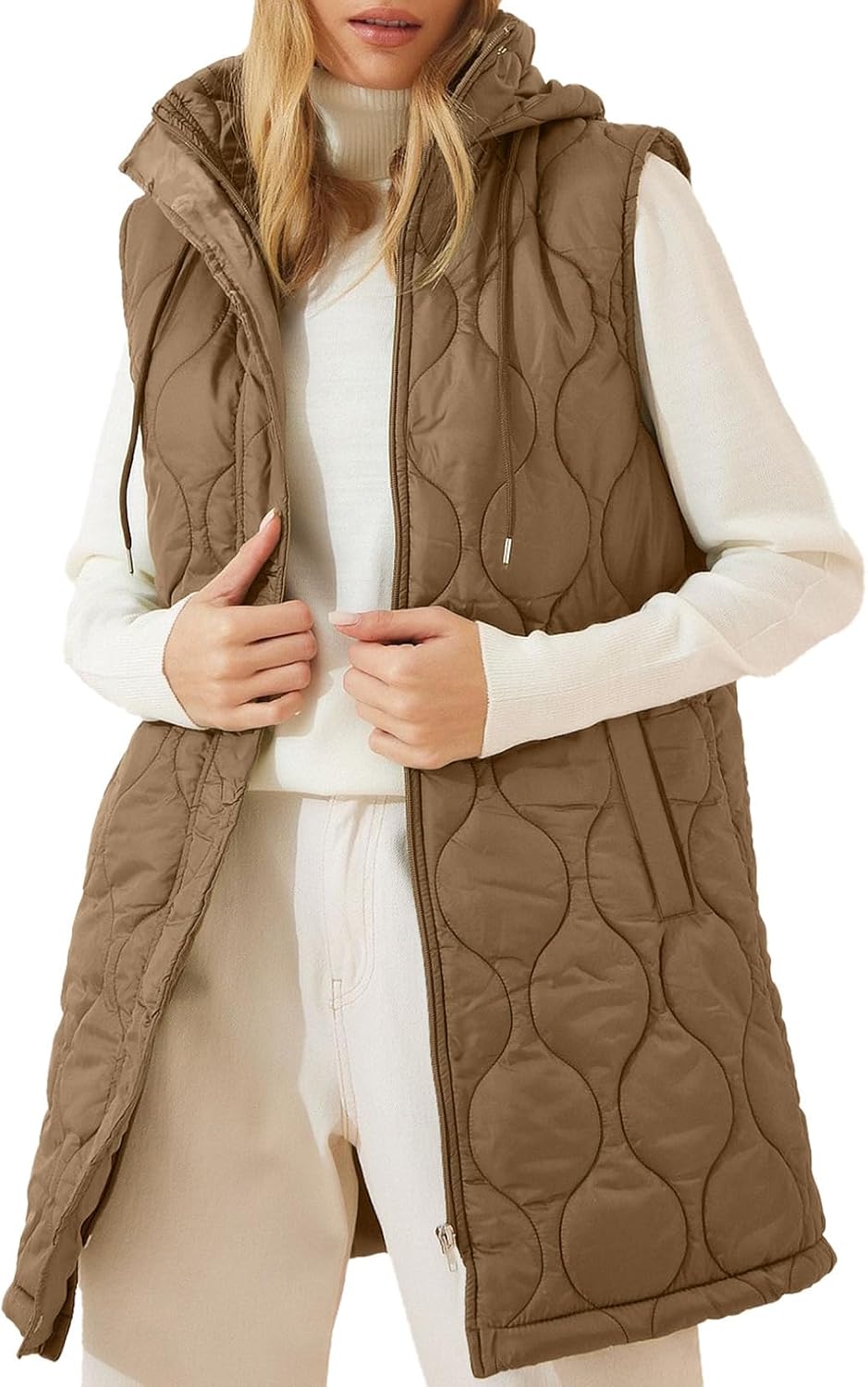 EVALESS Womens Long Puffer Vest Hooded Quilted Jacket
