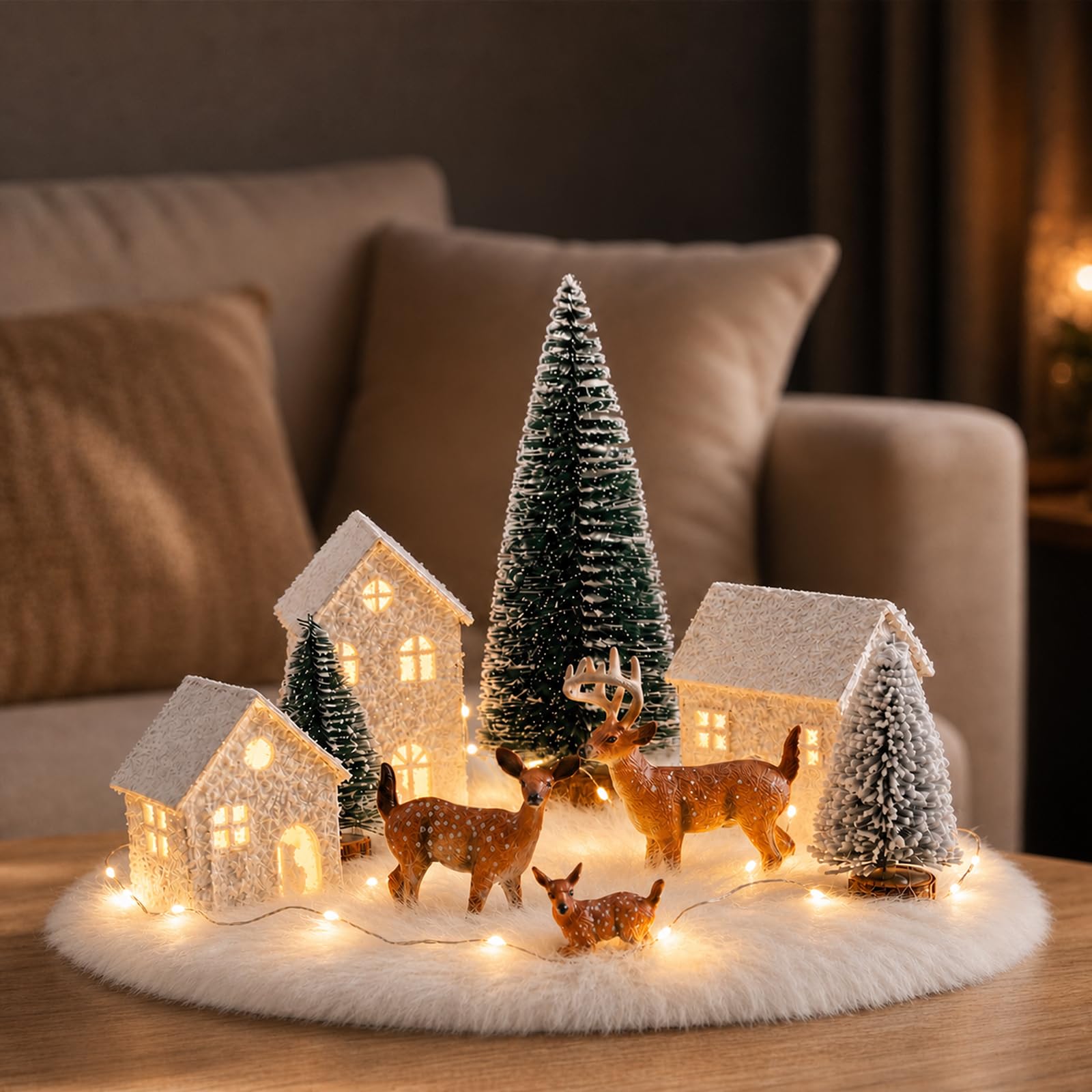 Thenshop Ensemble de village de Noël 11 pièces avec mini maisons, figurines de cerfs, arbres en sisal, couverture de neige et guirlandes lumineuses à DEL, décoration d'intérieur pour table de Noël