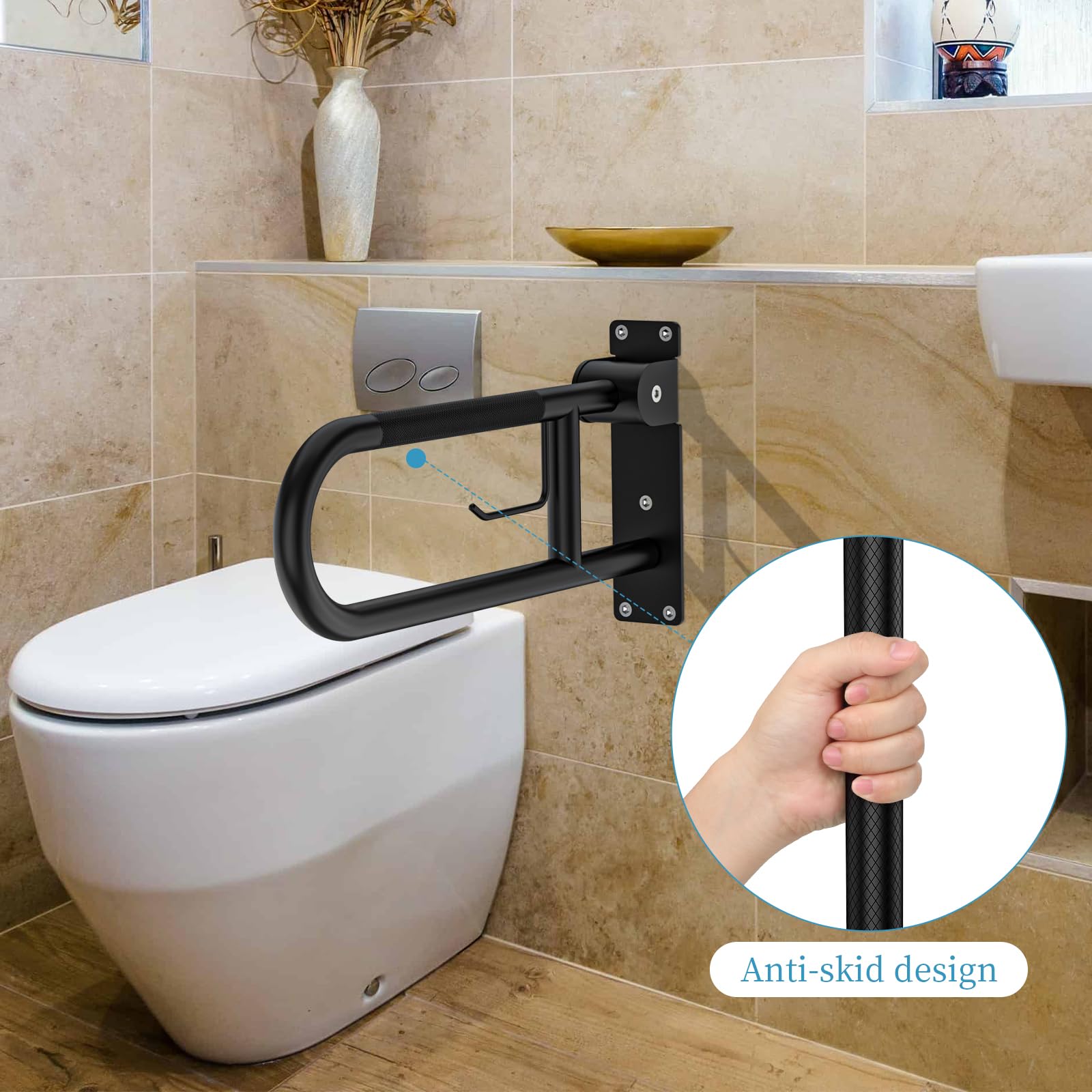 Munzong - Barra de agarre para inodoro de 24 pulgadas, color negro, barras de agarre antideslizantes para discapacitados con soporte de papel, rieles de seguridad de baño abatibles, pasamanos de