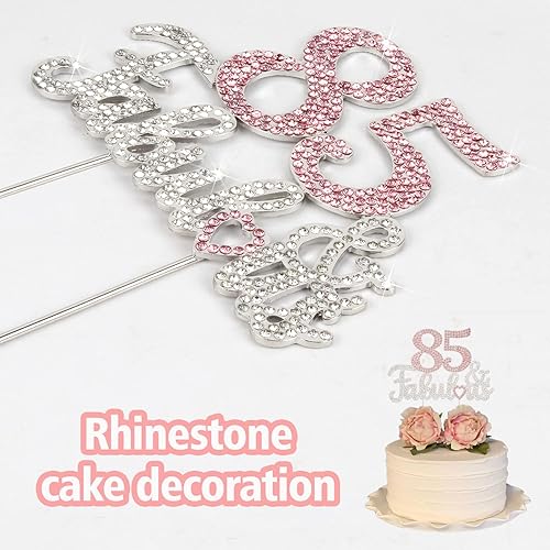 Miniatura 2 de LASKYER 85 & Fabulous - Decoración de pastel de diamantes de imitación de color plateado y rosa  Feliz cumpleaños 85 años saluda a fiesta de