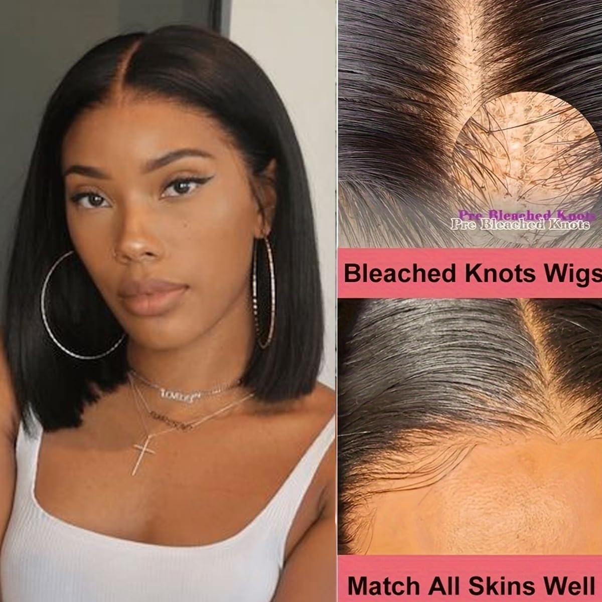 GIRLOFDREAMS Bleached Knots 13x6 Bob Lace Front Wig Human Hair Straight Transparent Lace Frontal Wigs Pre Plucked with Baby Hair Brazilian Remy 180 Density Short Natural Color Wigs for Black Women - Image 2