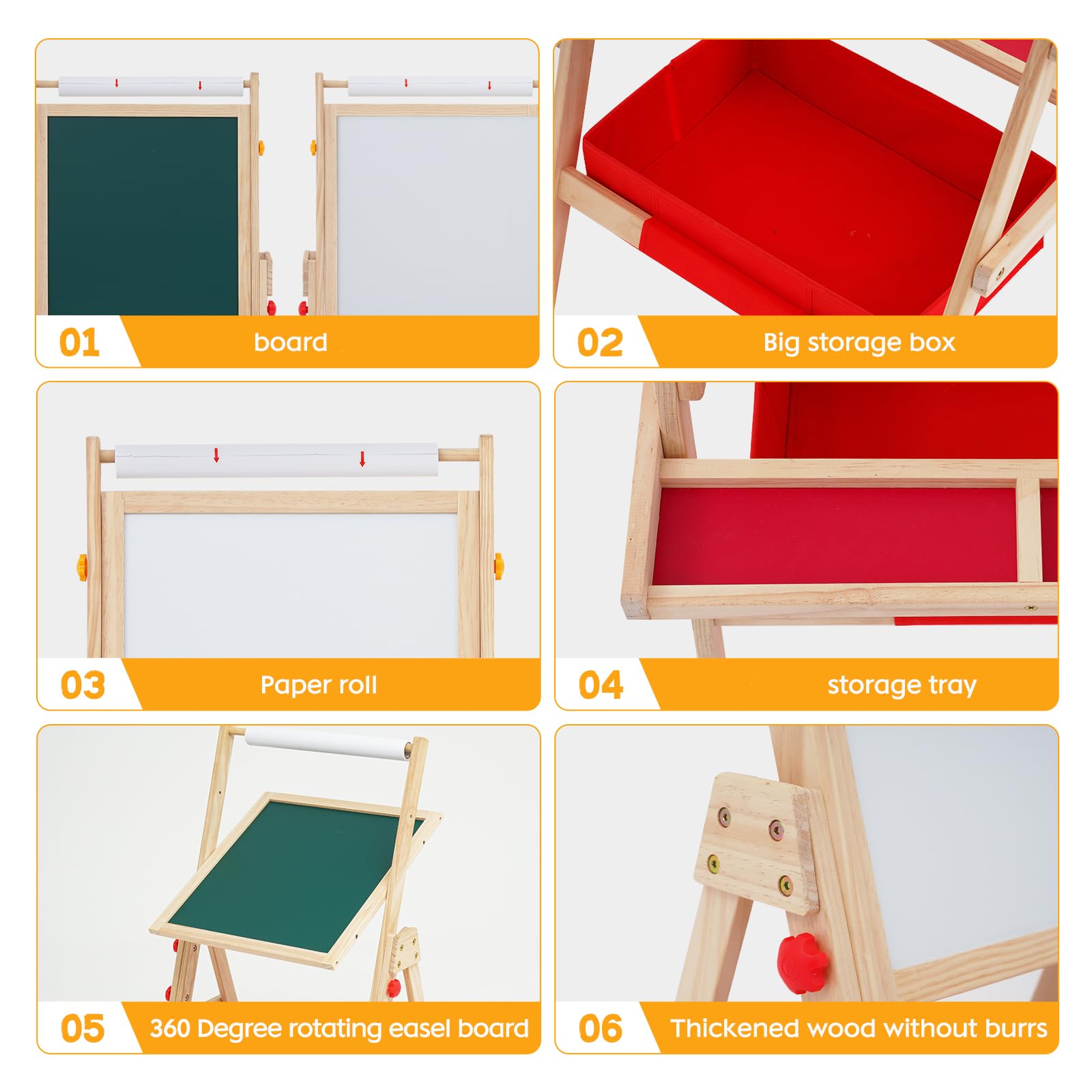 HOMCENT Kindertafel aus Holz mit Papierrollenhalter für Kinder, Doppelseitige Drehbare Kunst Staffelei für Jungen Mädchen, Staffelei Holz Kinder mit Whiteboard, Tafel
