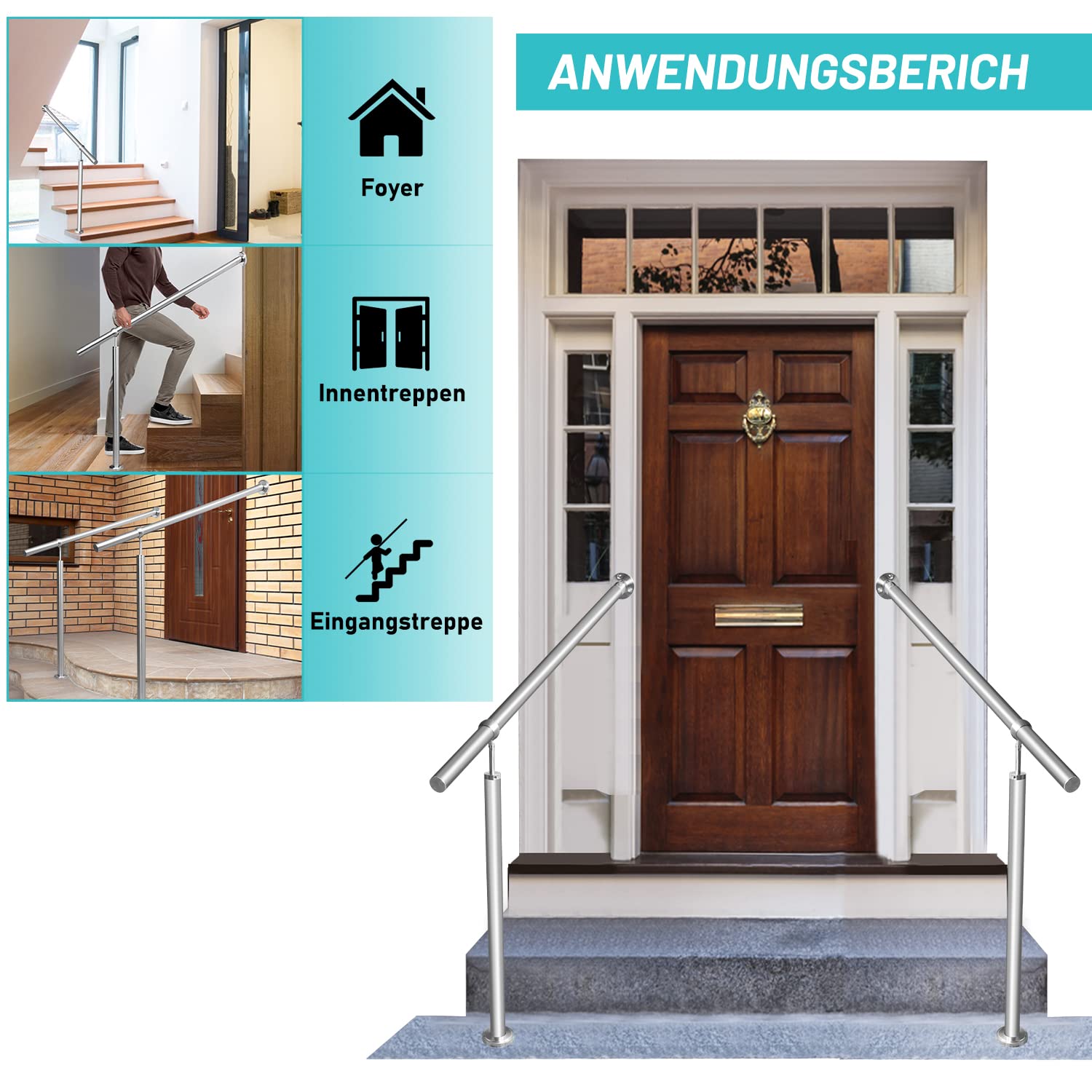 Randaco Eingangsgeländer Edelstahl Handlauf Treppengeländer Geländer Seitliche Montage Winkel Einstellbar Wandhandlauf, inkl.Montagematerial, Pflegeleicht Innen Außen Handlauf, 120cm