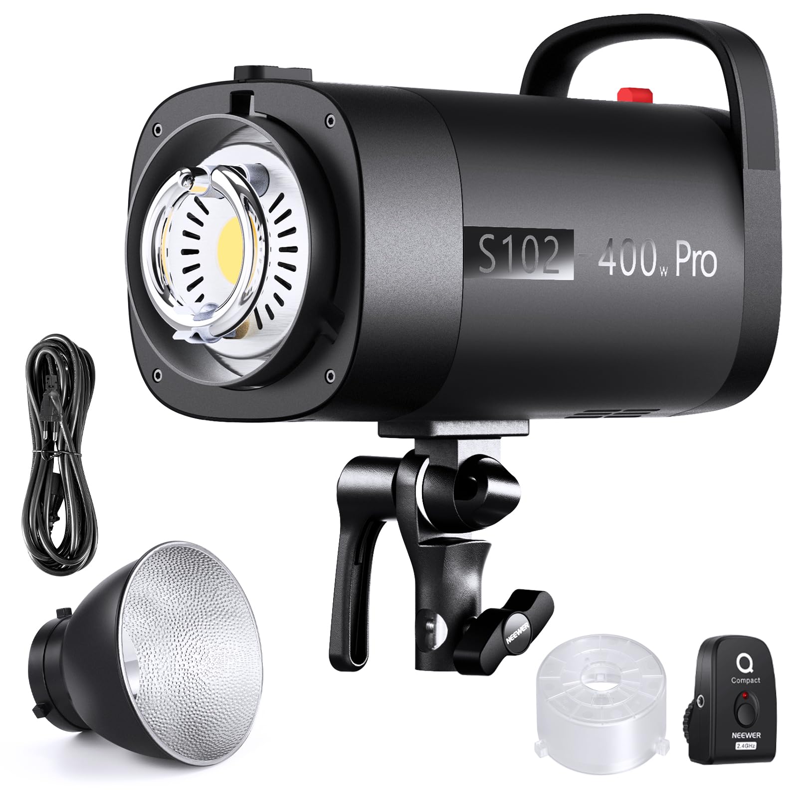 NEEWER S102-400W Pro Studio Flash Strobe with standard reflector attached.