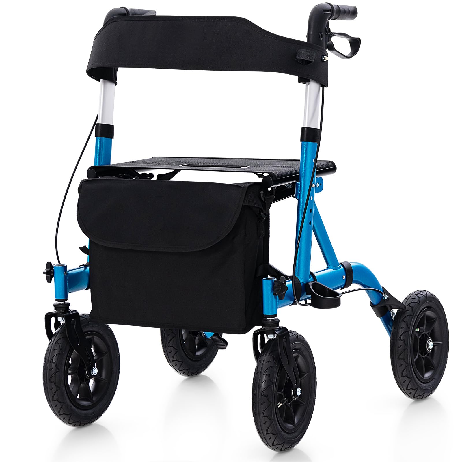 RELAX4LIFE Deambulatore per Anziani con 4 Ruote Pneumatiche, Portata Max 136KG, Rollator Girello Pieghevole in Alluminio Ultraleggero con Sedile, Massima Comfort all'Aperto (Blu, Classico)