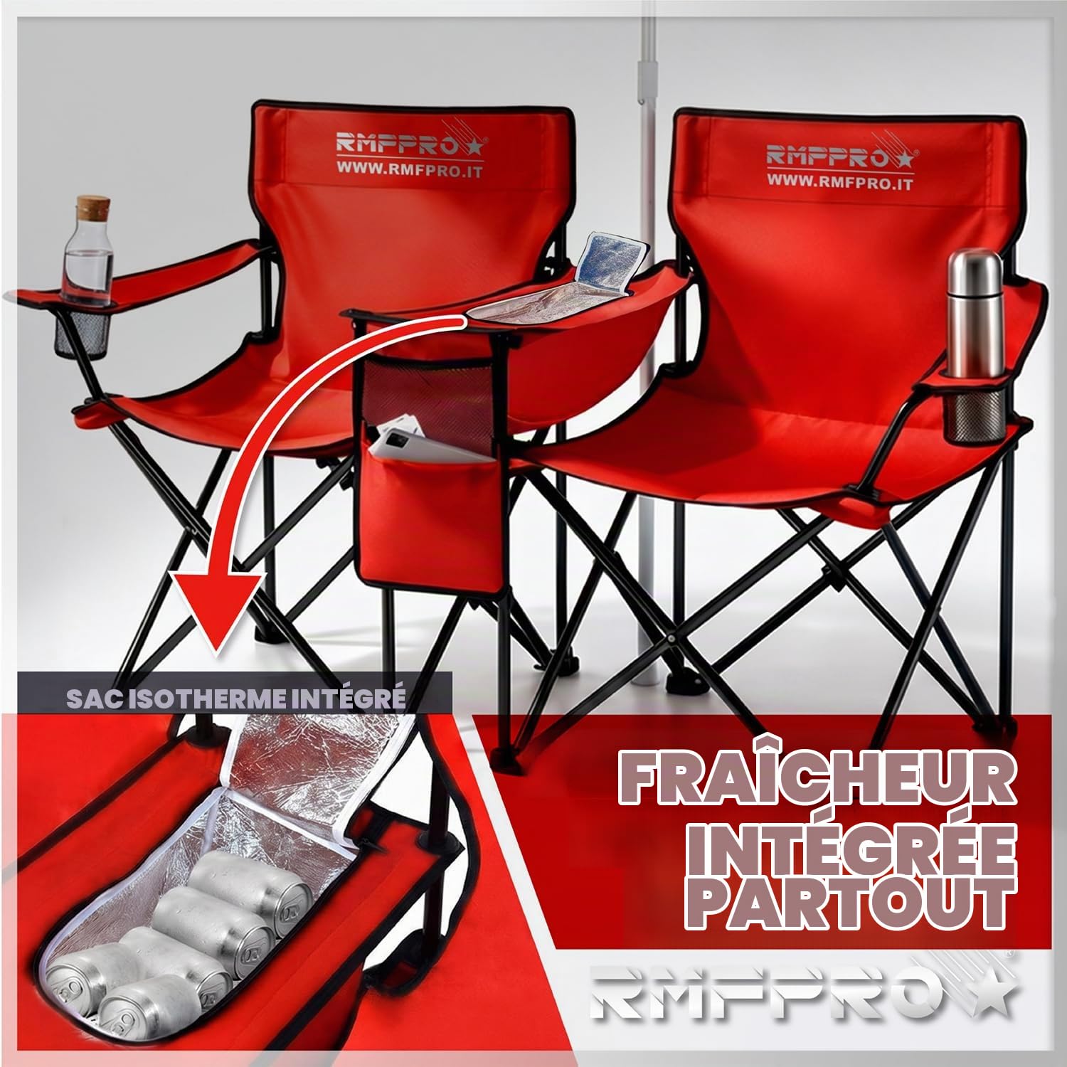 Set avec Parasol et 2 Chaises d'Extérieur idéal pour la Mer ou Le Camping, avec Glacière Centrale et Porte-Boissons - Idéal Aussi pour la Pêche, Structure en Acier avec Housse Transport Rouge