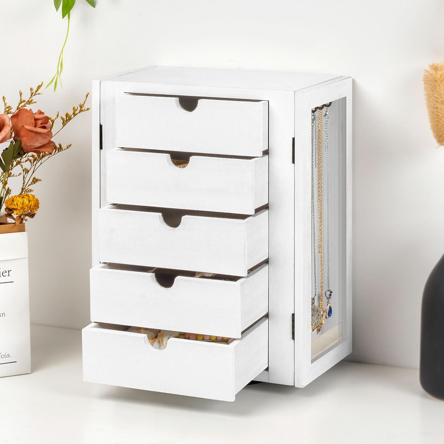 Emfogo 360° Rotating Jewelry Box for Women, Vintage Wooden Large Jewelry Organizer with 5 Drawers, Glass Doors, Vertical Open Design Jewelry Organizers and Storage for Earring Ring Necklace Bracelet