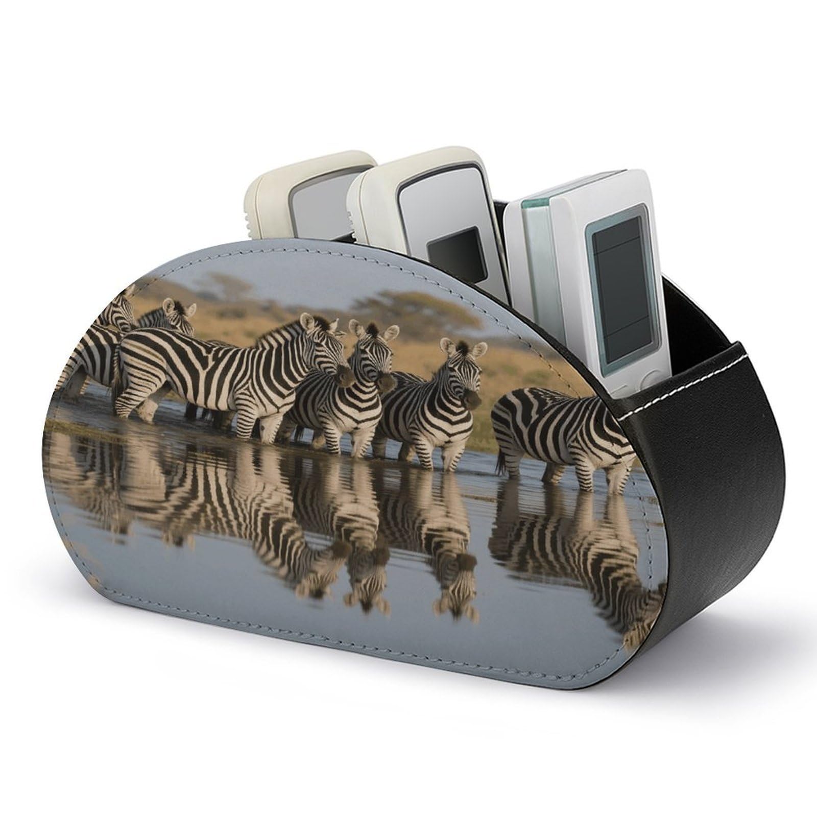 VstaDank Zebra Remote Control Holder with 5 Compartments PU Leather TV Remoter Caddy Desktop Organizer TV Remote Holder Remote Box for Media Controllers Office Supplies