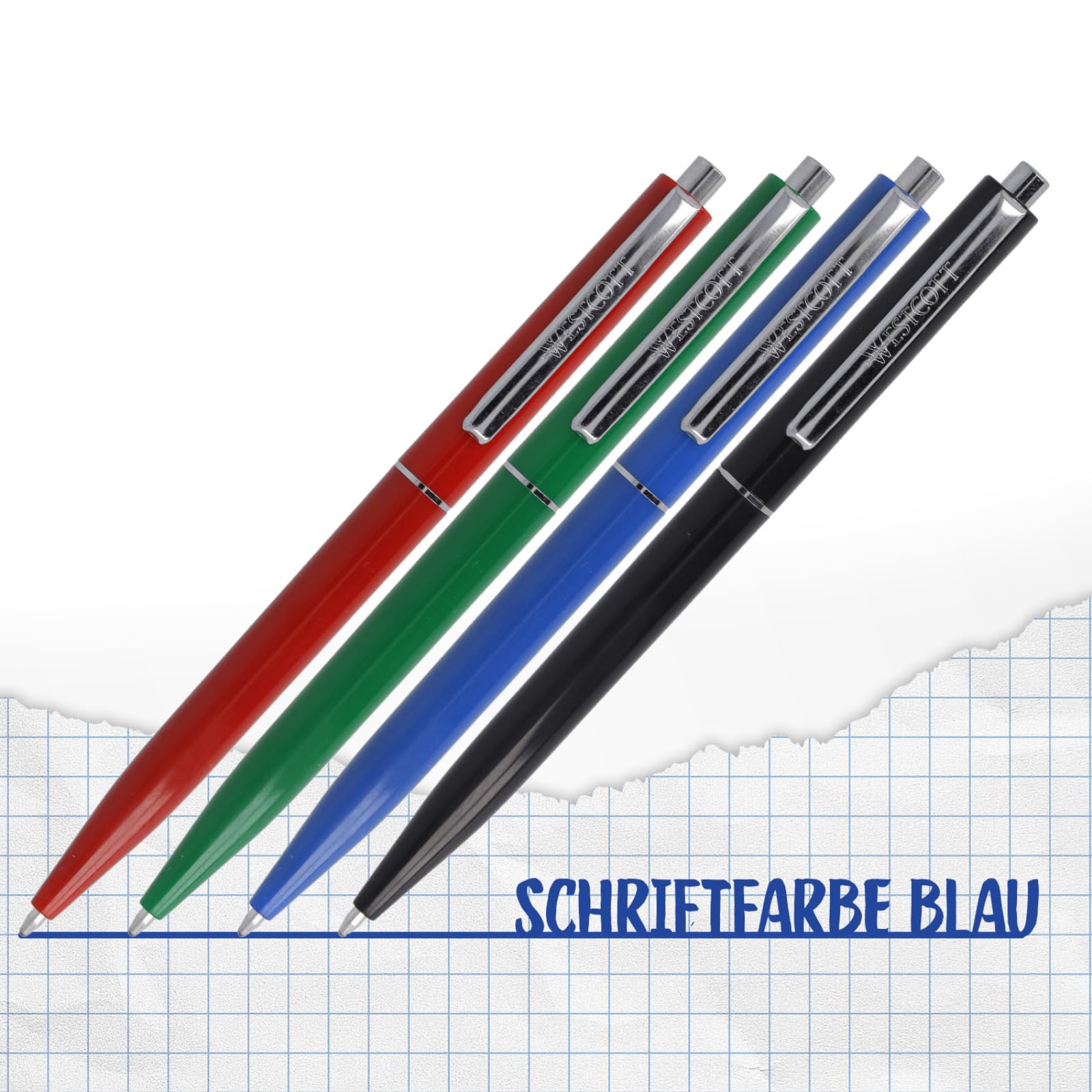 Westcott Kugelschreiber ALLTIME Mix 50 Stück (20er-Pack) | Großpackung Druckkugelschreiber mit blauer Tinte | Strichstärke M, X20 | Dokumentenecht ISO 12757-2 | Stabiler Metallclip | E-737487 00