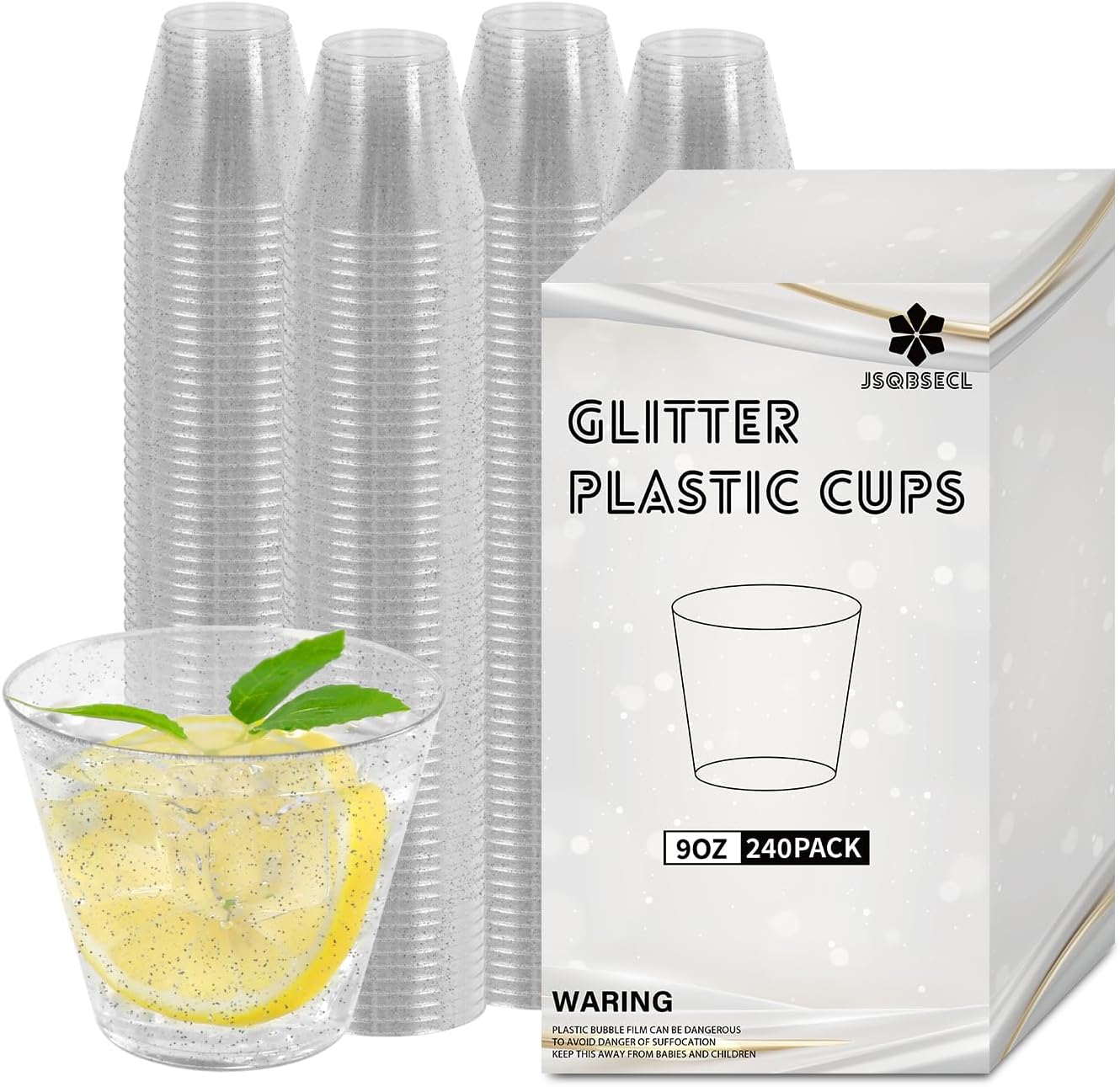 240 Pack 9 Oz Silver Glitter Plastic Cups,Disposable Silver Cups, Party Cups for Wedding Reusable Elegant Plastic Wine Glasses Cocktail Cups (Silver Glitter-9oz, 240 Pack) 240 Pack Silver Glitter-9oz