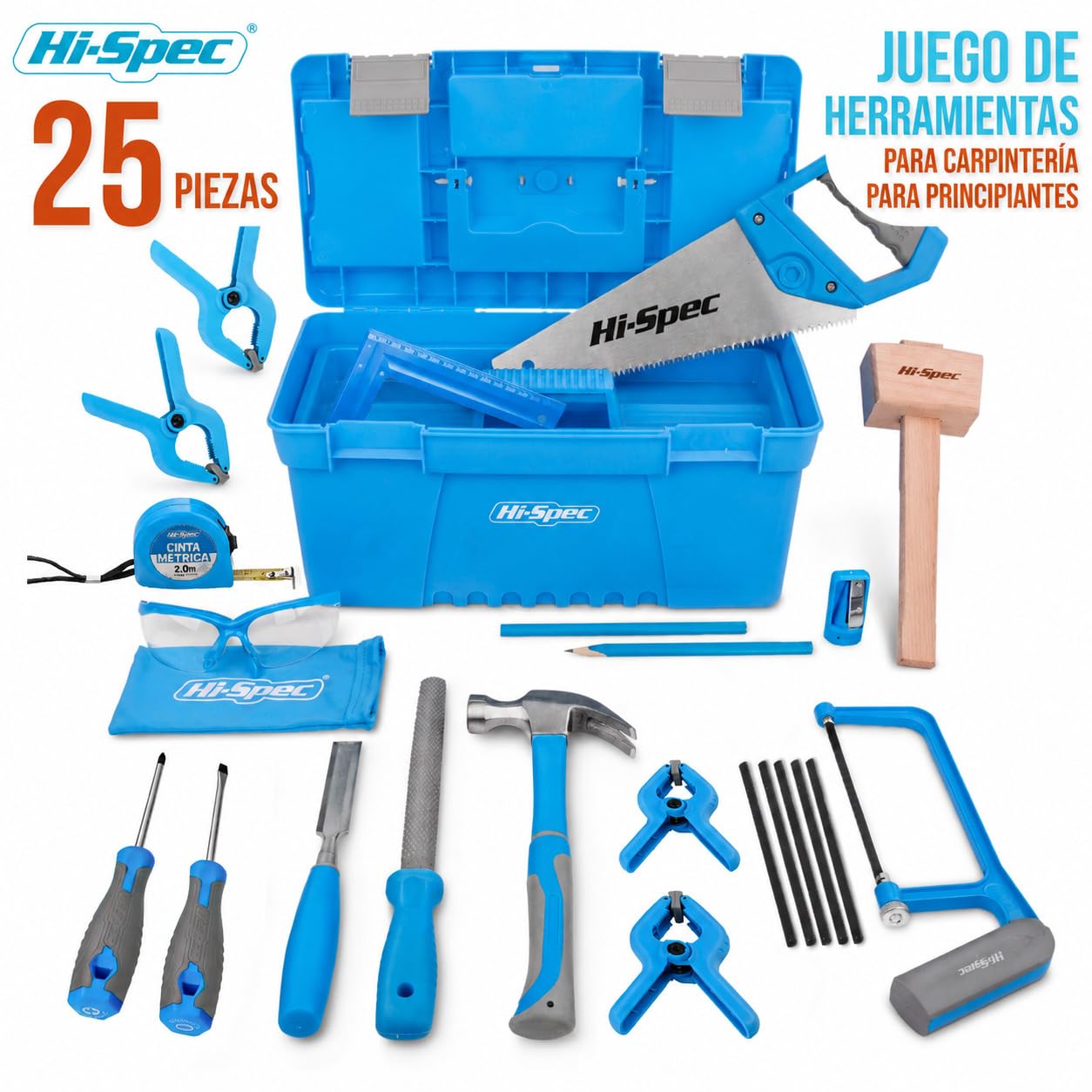 Hi-Spec Caja Jumbo de Herramientas Reales para Carpintería Infantil 8+ | 26 piezas; formón, serrucho, mazo, sargentos, gafas y lápices; trabajos de madera; no es juguete; supervisión adulta 8+ años