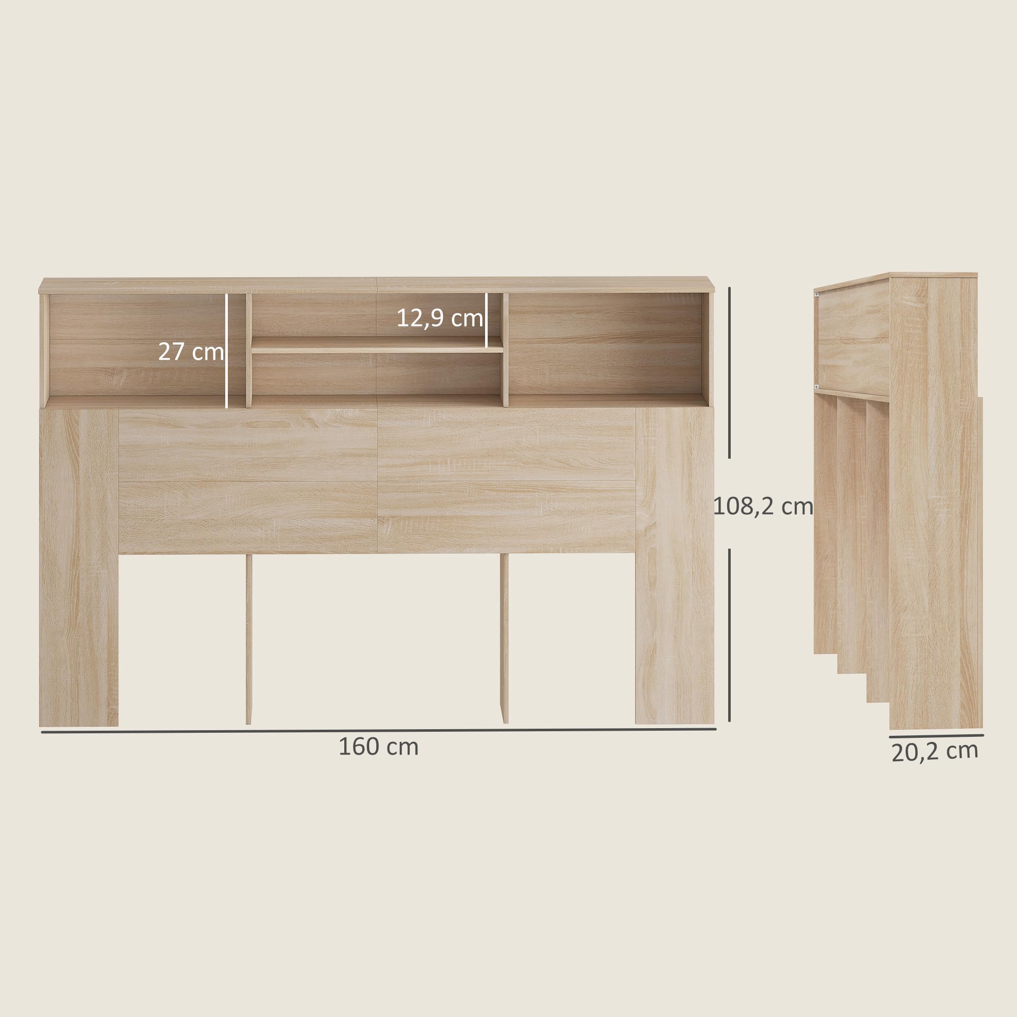 HOMCOM Tête de lit sur Pied 160 cm avec rangements, Accessoire de lit Moderne avec 4 Compartiments Ouverts pour Chambre, 160 x 20,2 x 108,2 cm, Bois Naturel