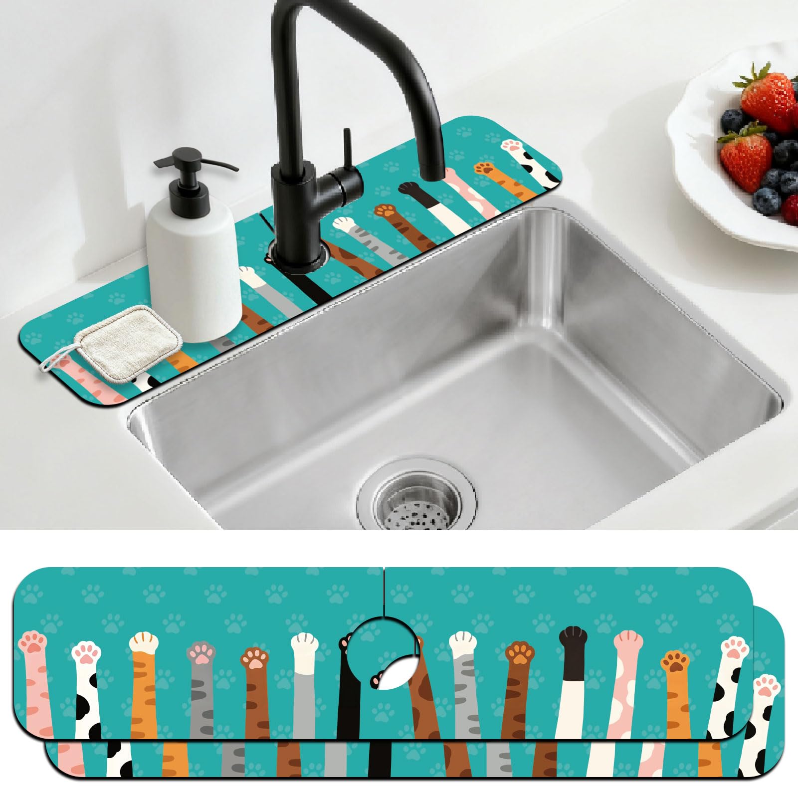 CONCHLERY 2 Pcs Kitchen Sink Splash Guard Faucet Mat Cat Paws Pattern Faucet Mat for Sinks Absorbing Drying Mat for Kitchen Bathroom