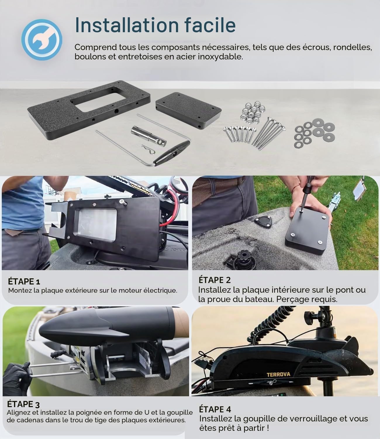MKA-21 Support de rechange rapide pour moteurs de pêche – Remplacement parfait pour Minn Kota 1854021 – Compatible avec Ulterra, Terrova, PowerDrive, Deckhand 40 – Matériau composite résistant à