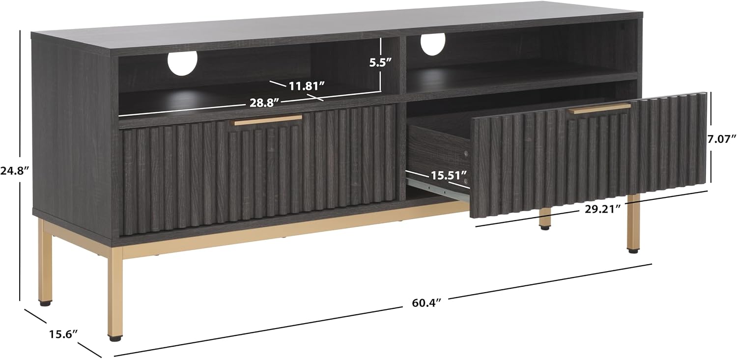 SAFAVIEH Lylia TV Stand for up to 65" Flatscreen – Black & Gold, 2 Drawers, 2 Open Shelves, Entertainment Media Console (MED9622E)