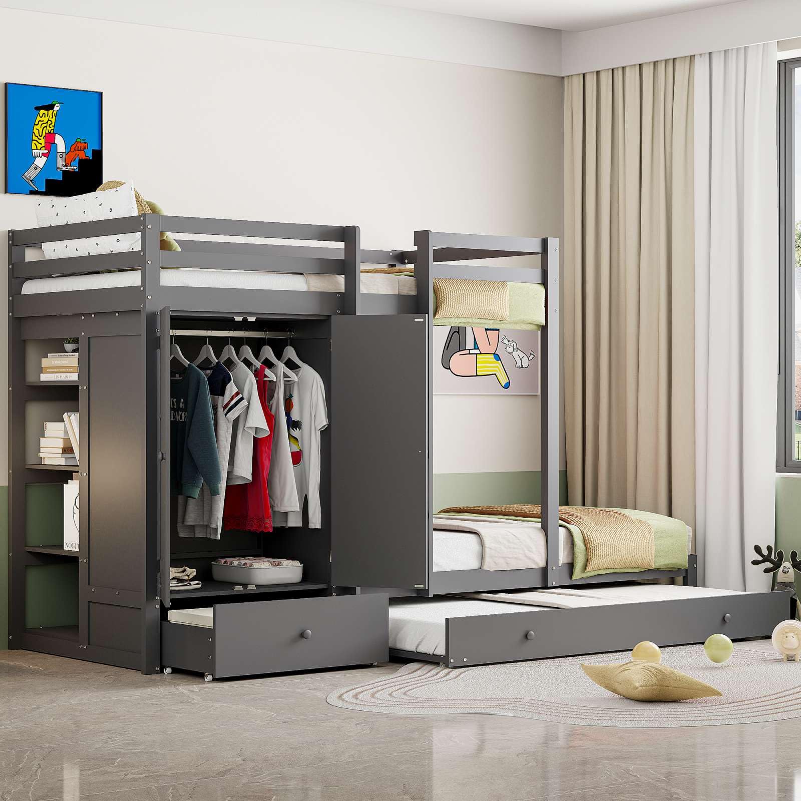 Lit superposé en Bois Massif 90x200cm,lit d'enfant avec lit escamotable,lit Multifonctionnel avec Armoire, tiroirs et étagères de Rangement(sans Matelas) (Gris)
