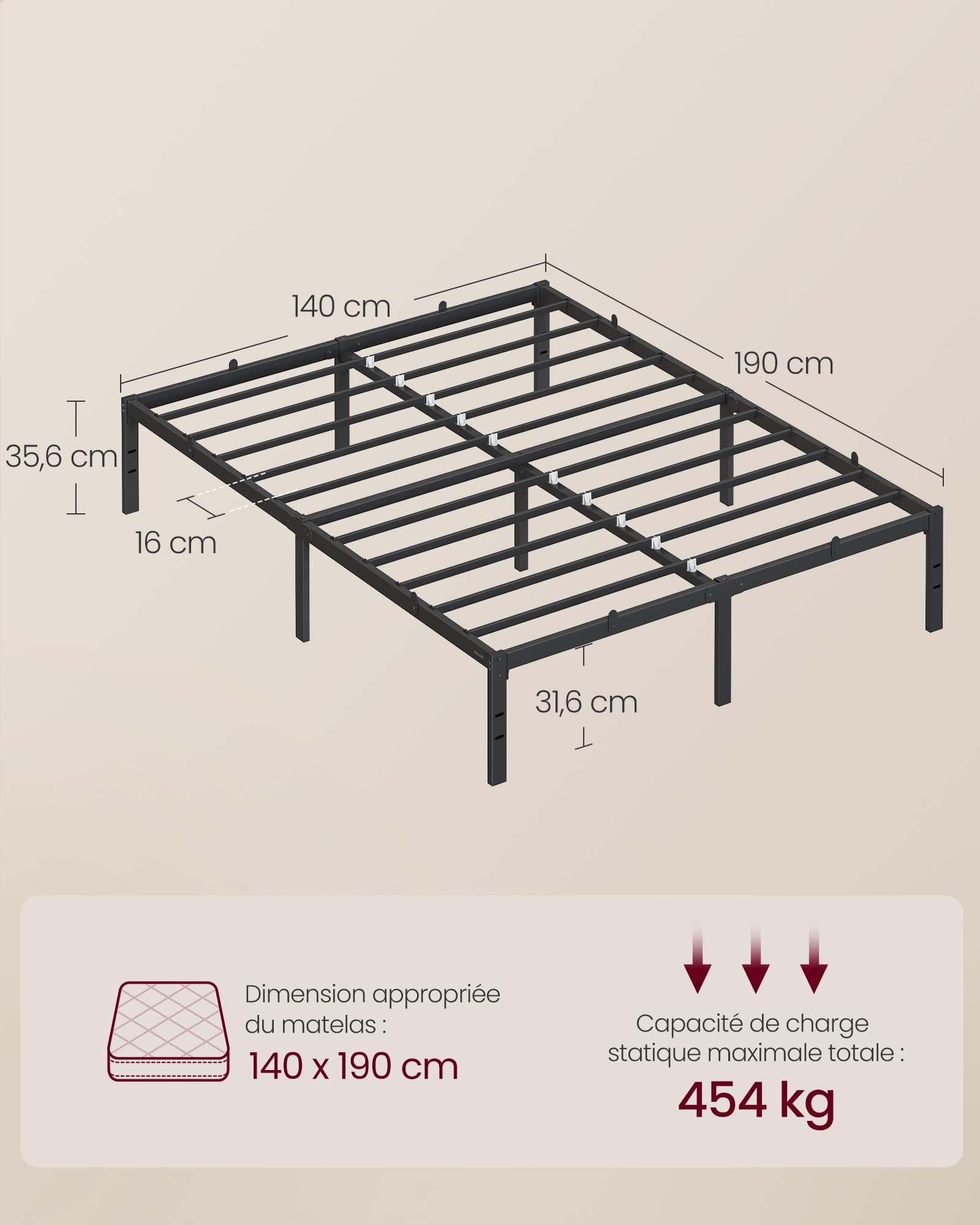 VASAGLE Lit 140 x 190 avec sommier, Cadre de lit Double en métal, 9 Pieds Robustes supporte 450 kg, Espace de Rangement, Montage Facile, Noir d'encre RMB133B01