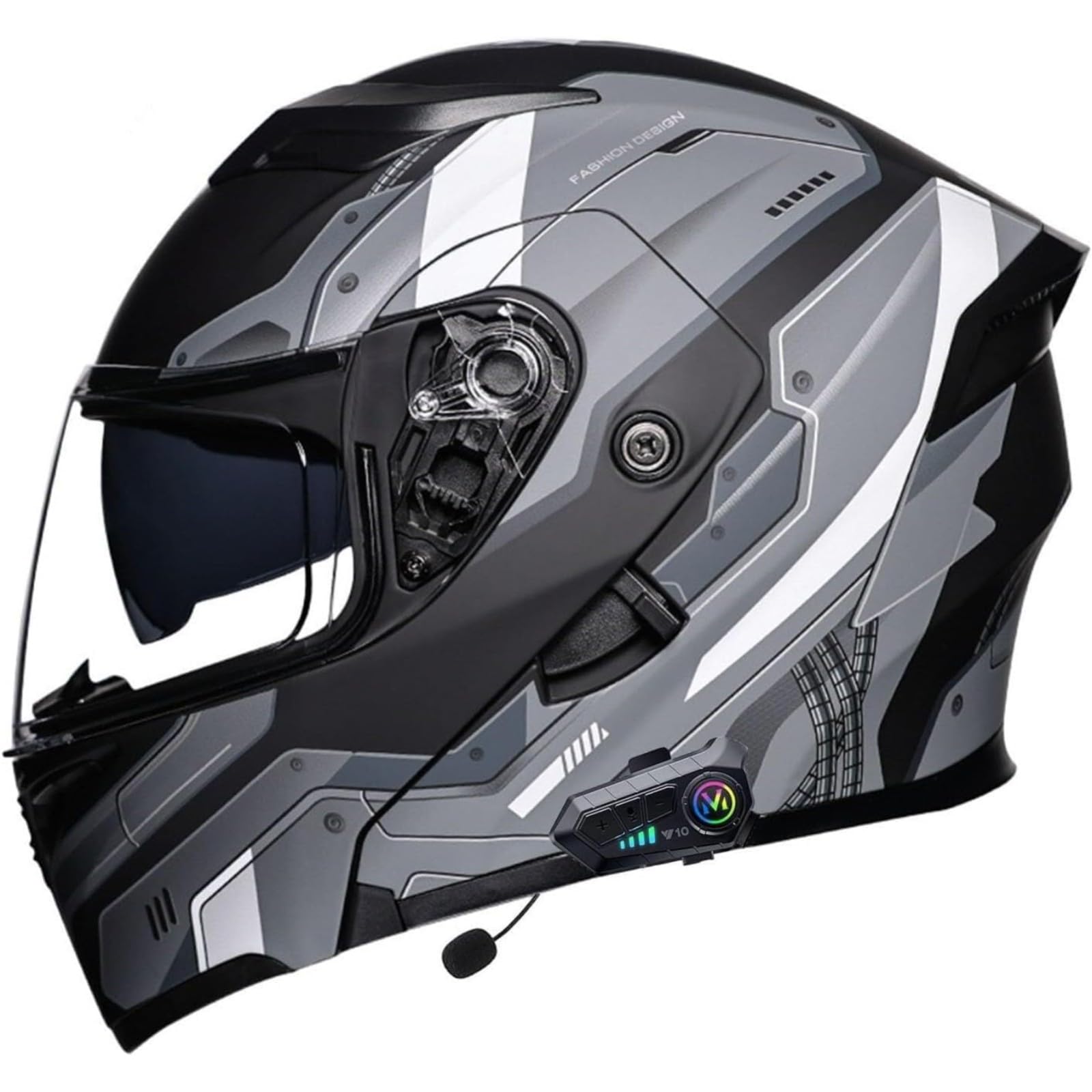 Kask motocyklowy integralny, z wbudowanym mikrofonem do automatycznej reakcji, kask szczękowy z certyfikatem ECE z kaskiem motocyklowym Bluetooth, kask z podwójnym wizjerem I, rozmiar XXL = 63