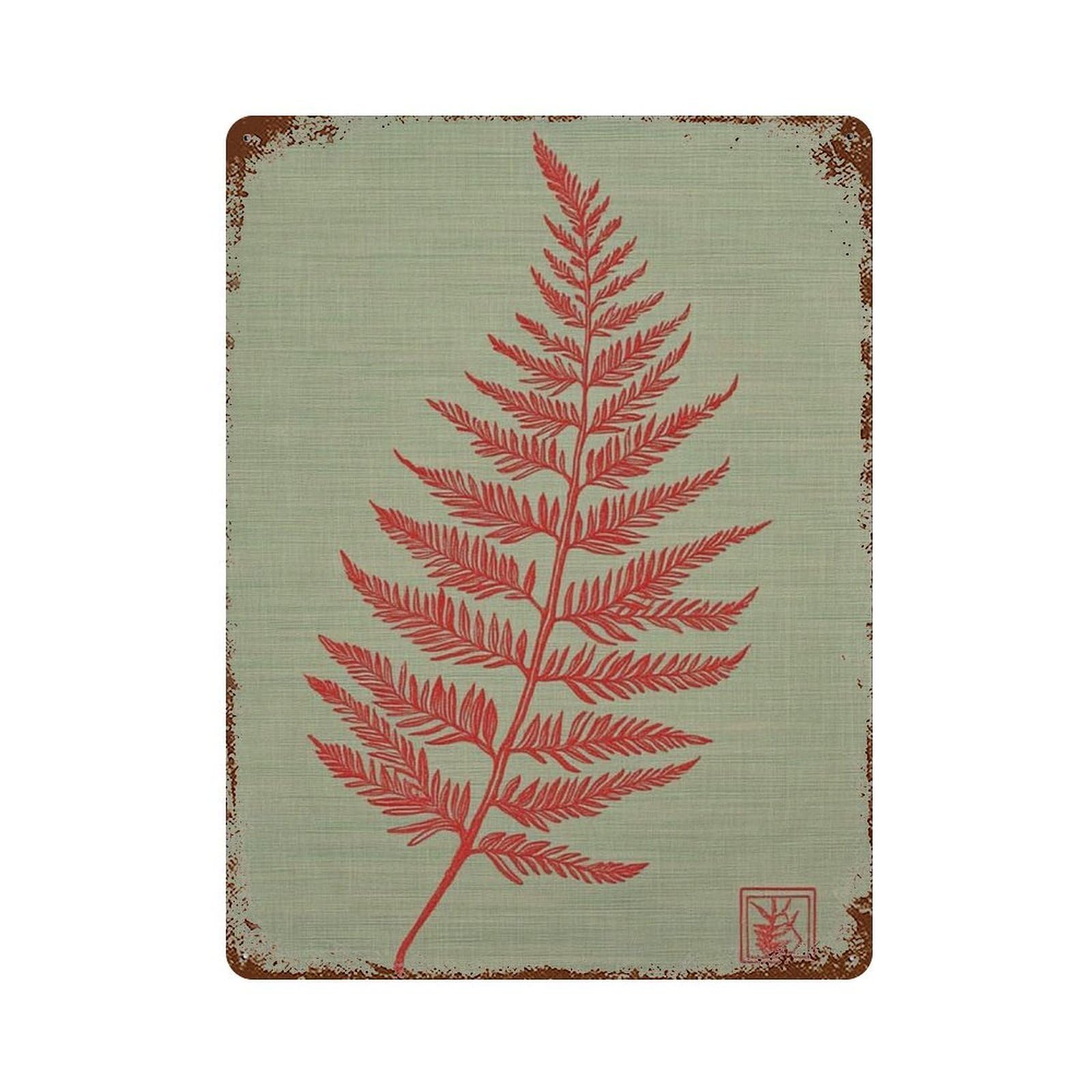 xiaoxiaoshen Fern Leaf Botanical Minimal Nature Red Modern Plant Work Wall Decor Art Metal Tin Poster Modern Home Decor Art Home Bar Shop Decorations Vintage Sign 40x30cm