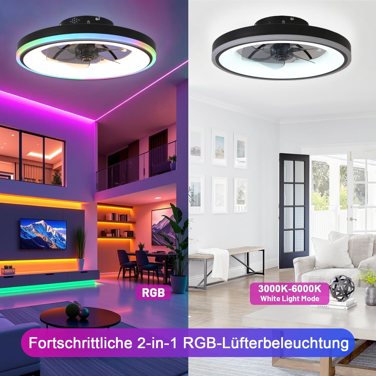 60W RGB Deckenventilator mit Beleuchtung, Leiser Deckenleuchte Mit Ventilator, Fernbedienung & APP, dimmbar (3000K-6500K), 50cm Lampe mit Ventilator, 6 Windstufen Timer, Schlaf- Wohnzimmer