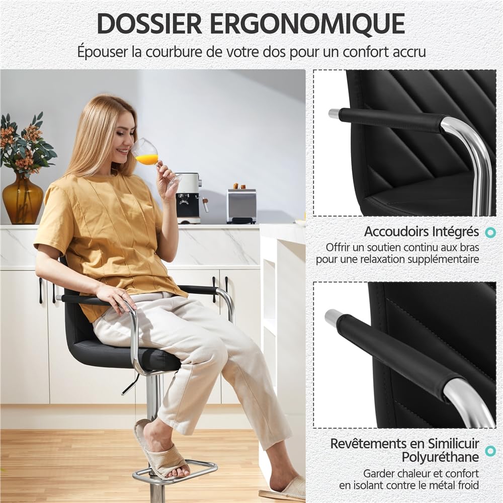 Yaheetech Lot de 2 Tabourets de Bar avec Accoudoirs Réglables en Hauteur Siège Rotatif sur 360°, Chaises de Bar en Similicuir et Pied en Métal, Tabouret Haut Moderne pour Bar Salle à Manger Noir