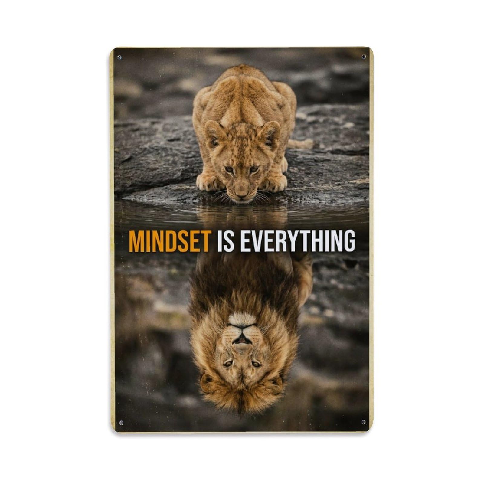 Olhnbad Style Lion Big Cat Mindset Is Everything Motivational Quote Metal Tin Sign