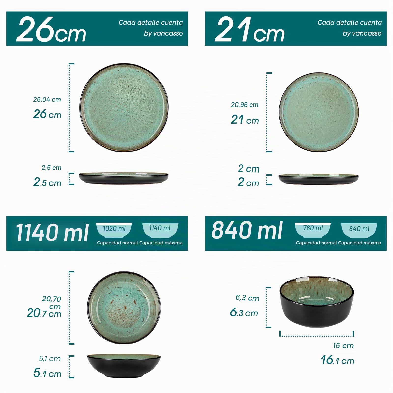 vancasso AMBER Juego de Vajilla Completo para 6 Personas, Plato Vajilla 24 Piezas de Gres - Platos Llanos, Platos de Postre, Ensaladeras y Cuencos - Apto para Lavavajillas, Esmalte Reactivo Verde