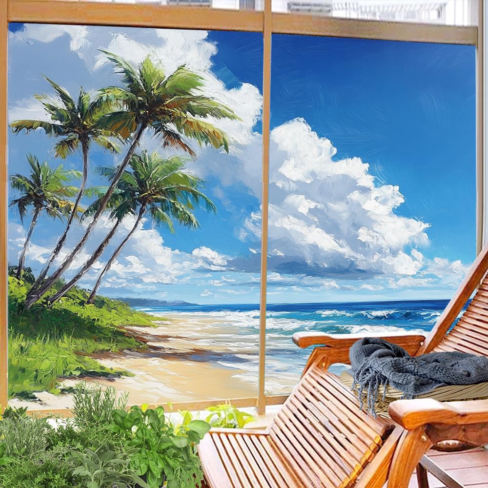 Fensterfolie, Motiv: Küstenpalme, Privatsphäre, Aquarell, Himmel, Landschaft, dekorativ, gebeizt, statisch, haftend, Fensteraufkleber für Zuhause, 80 x 120 cm x 2 Stück