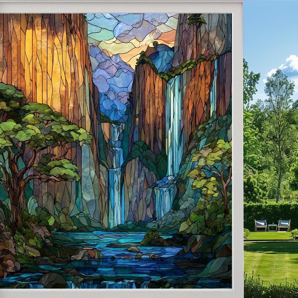Colorful Waterfall Frosted Window Film, Tropical Forest Nature Stained Glass Privacy Film, Heat Insulation Self-Adhesive Vinyl for Bathroom Office, （90x140cm）