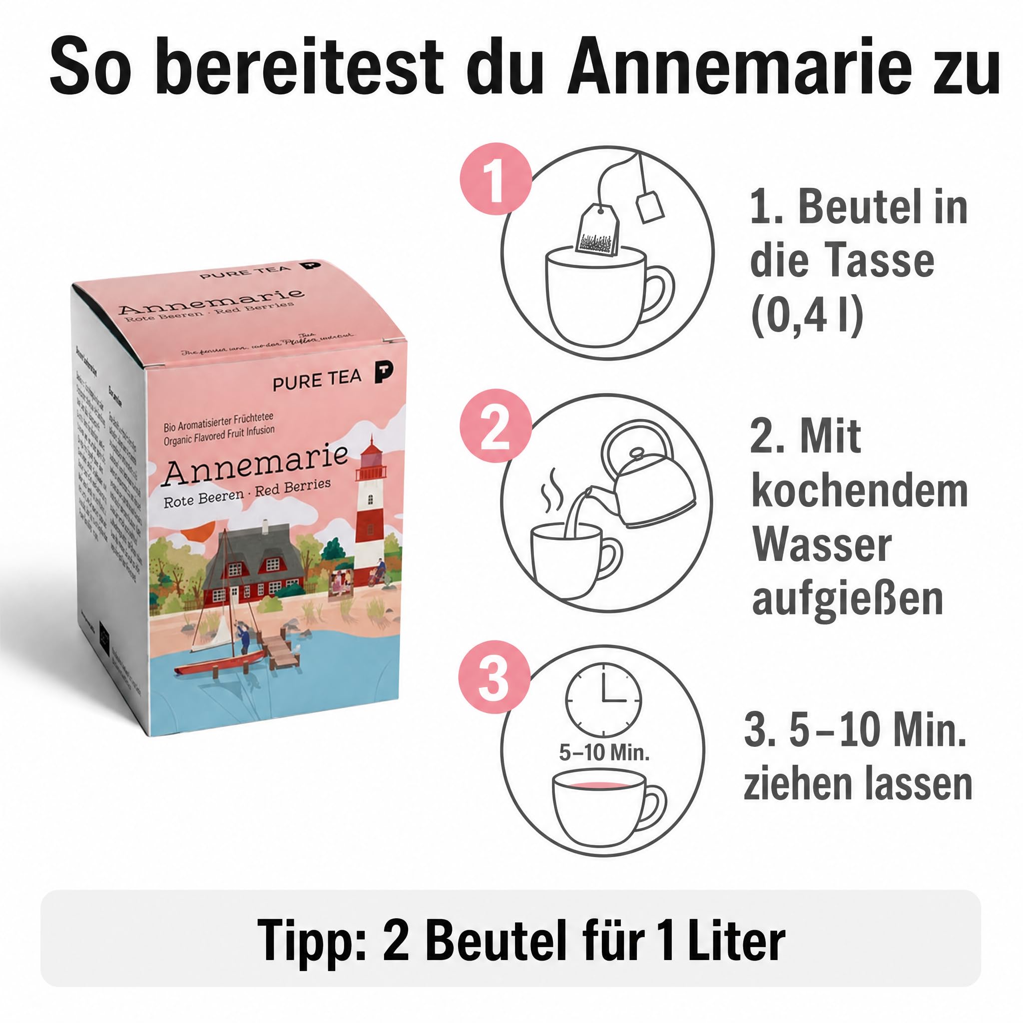 6 x Pure Tea Früchtetee Annemarie Beeren & Vanille, 15 Teebeutel à 3,5 g, aromatisierter Premium-Früchtetee, koffeinfrei & glutenfrei, Dispenserbox